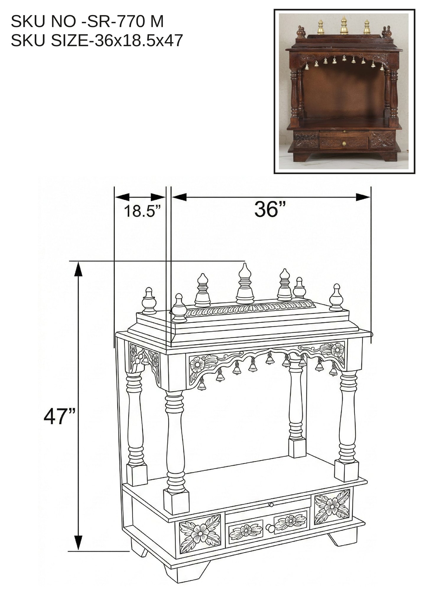Compact Solid Wood Mandir (SR770) – Space-Saving Home Temple