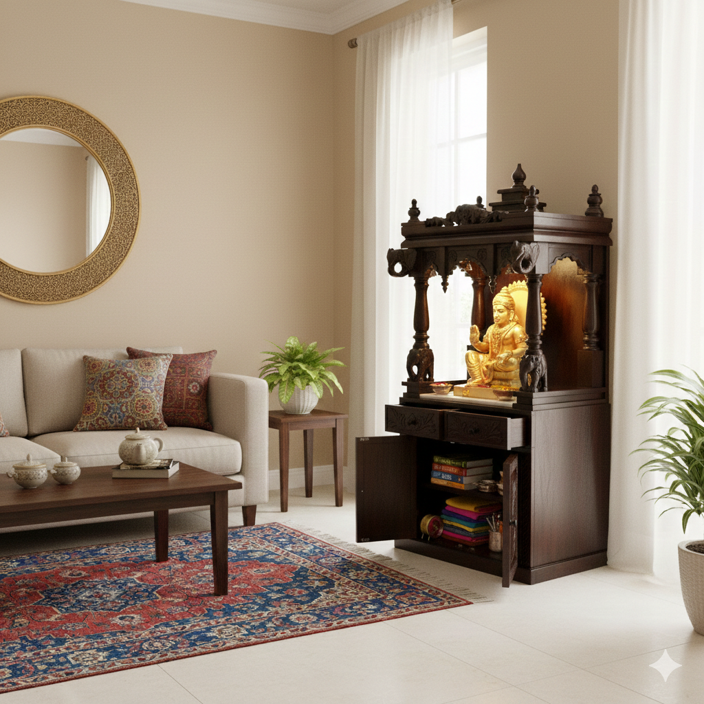 Large Hand-Carved Mandir with Marble Base & Storage (SR771) – Premium Home Temple