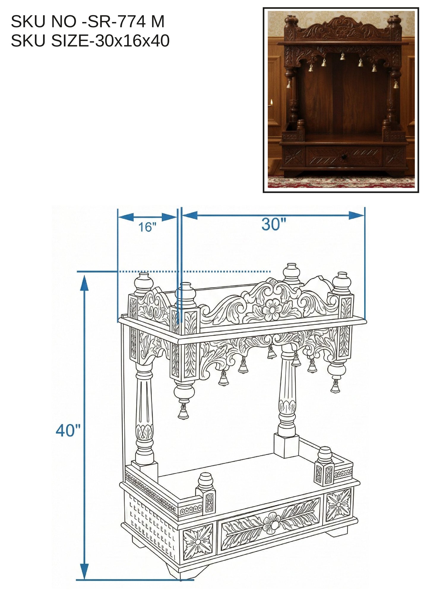 Handcrafted Wooden Mandir (SR774) – Solid Wood Home Temple