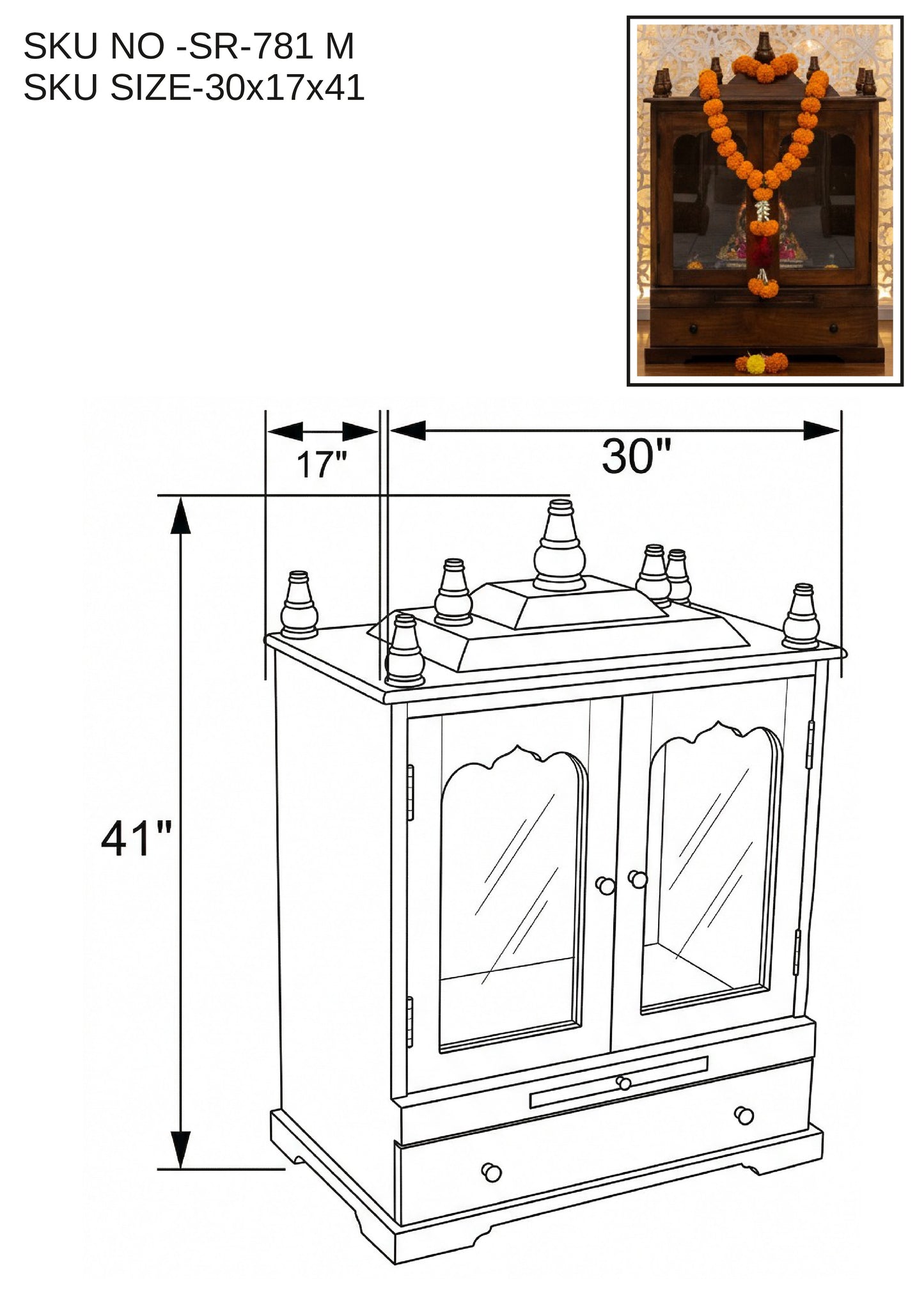 Glass Door Solid Wood Mandir (SR781) – Brown Finish Home Temple