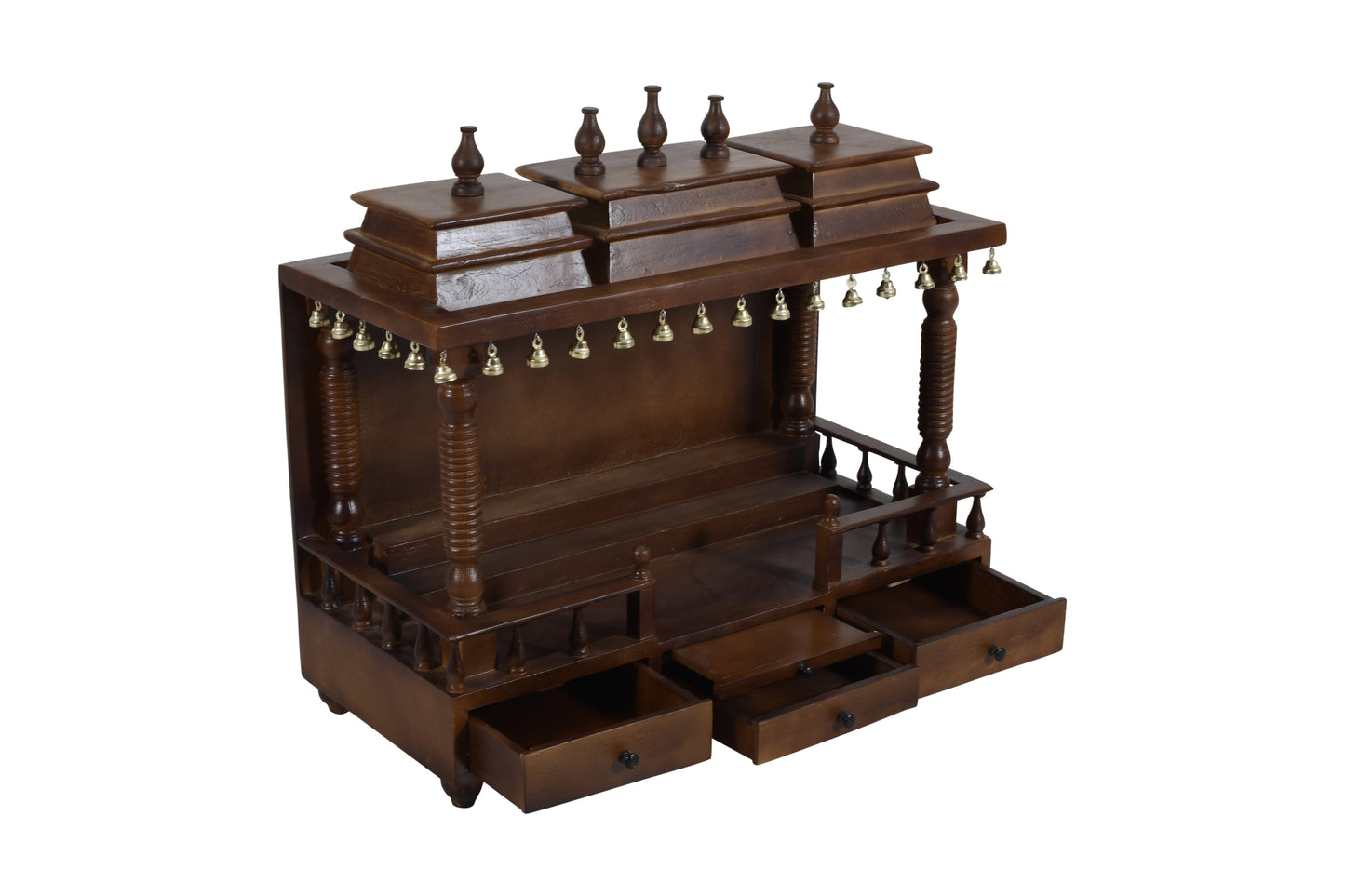 Wide Handcrafted Solid Wood Mandir with 3 Drawers & Bells (SR764) – Broad Home Temple