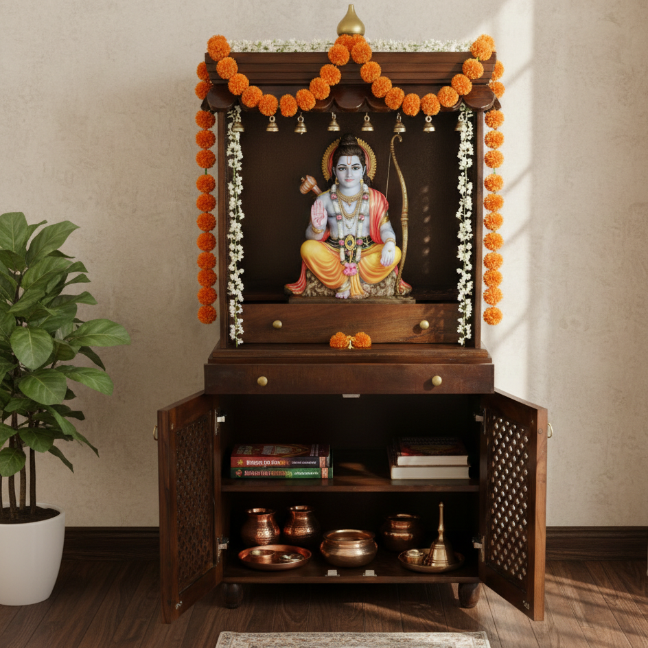 Handcrafted Solid Wood Mandir with Storage & Pull-Out Tray (SR761) – Traditional Home Temple