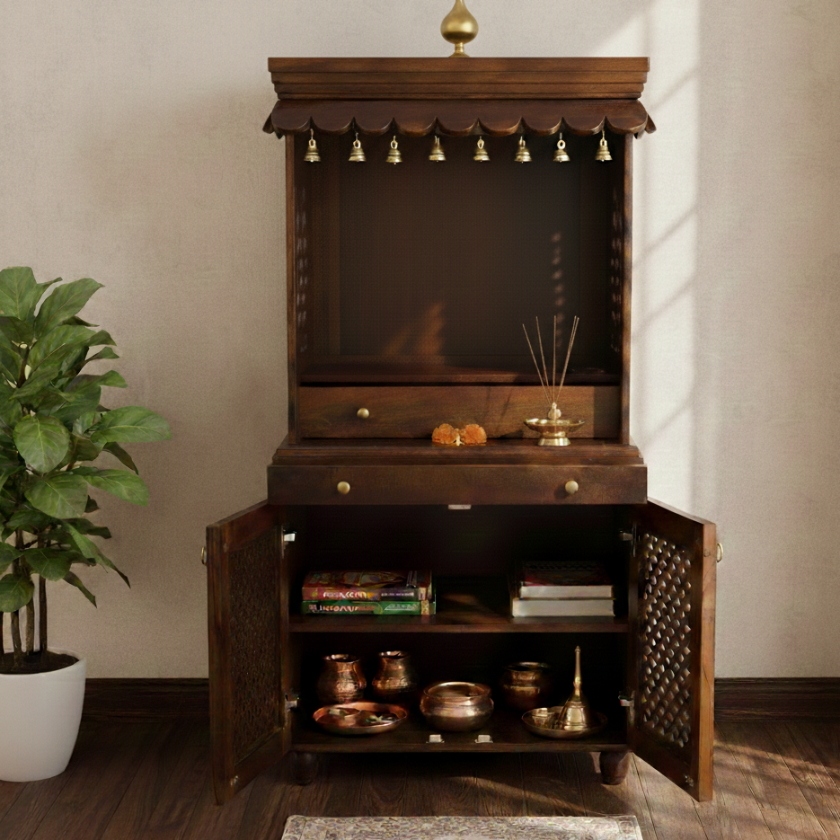 Handcrafted Solid Wood Mandir with Storage & Pull-Out Tray (SR761) – Traditional Home Temple