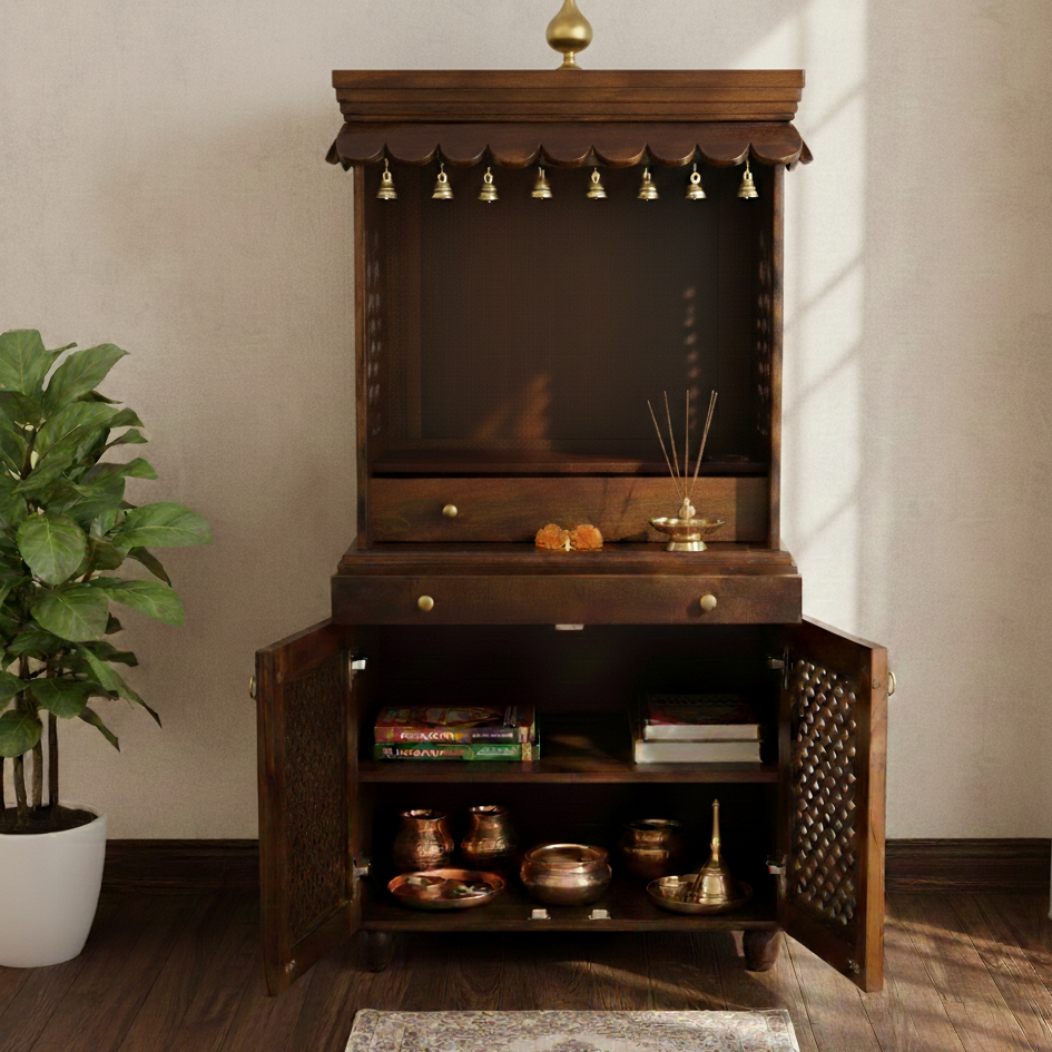 Handcrafted Solid Wood Mandir with Storage & Pull-Out Tray (SR761) – Traditional Home Temple