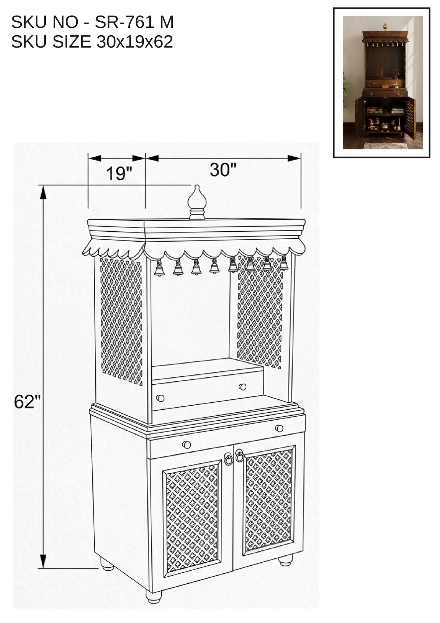 Handcrafted Solid Wood Mandir with Storage & Pull-Out Tray (SR761) – Traditional Home Temple
