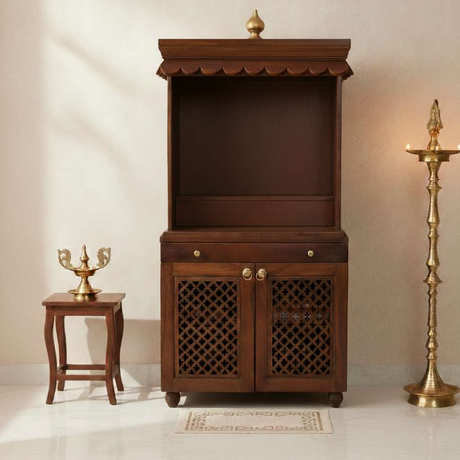 Handcrafted Solid Wood Mandir with Storage & Pull-Out Tray (SR761) – Traditional Home Temple