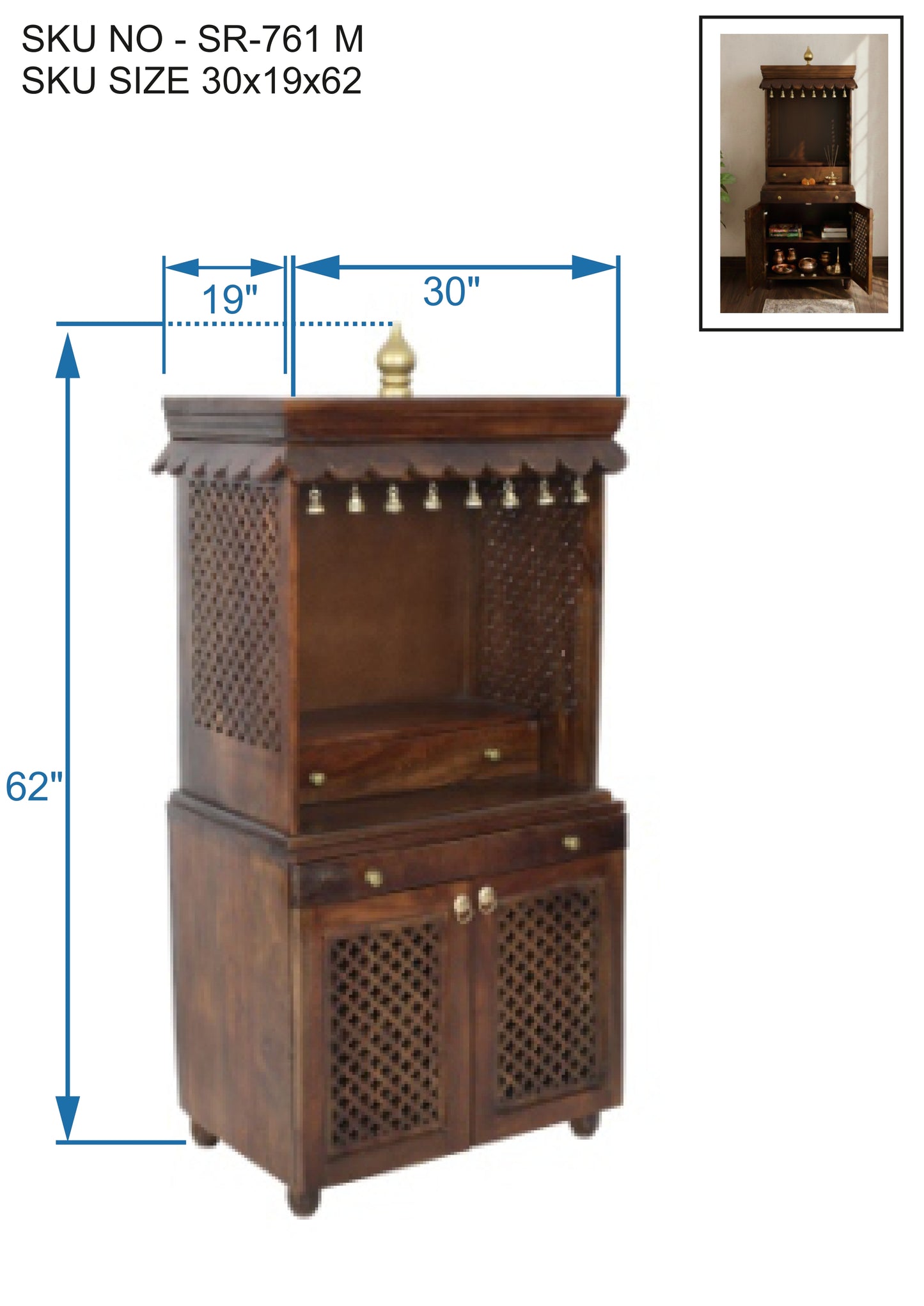 Handcrafted Solid Wood Mandir with Storage & Pull-Out Tray (SR761) – Traditional Home Temple