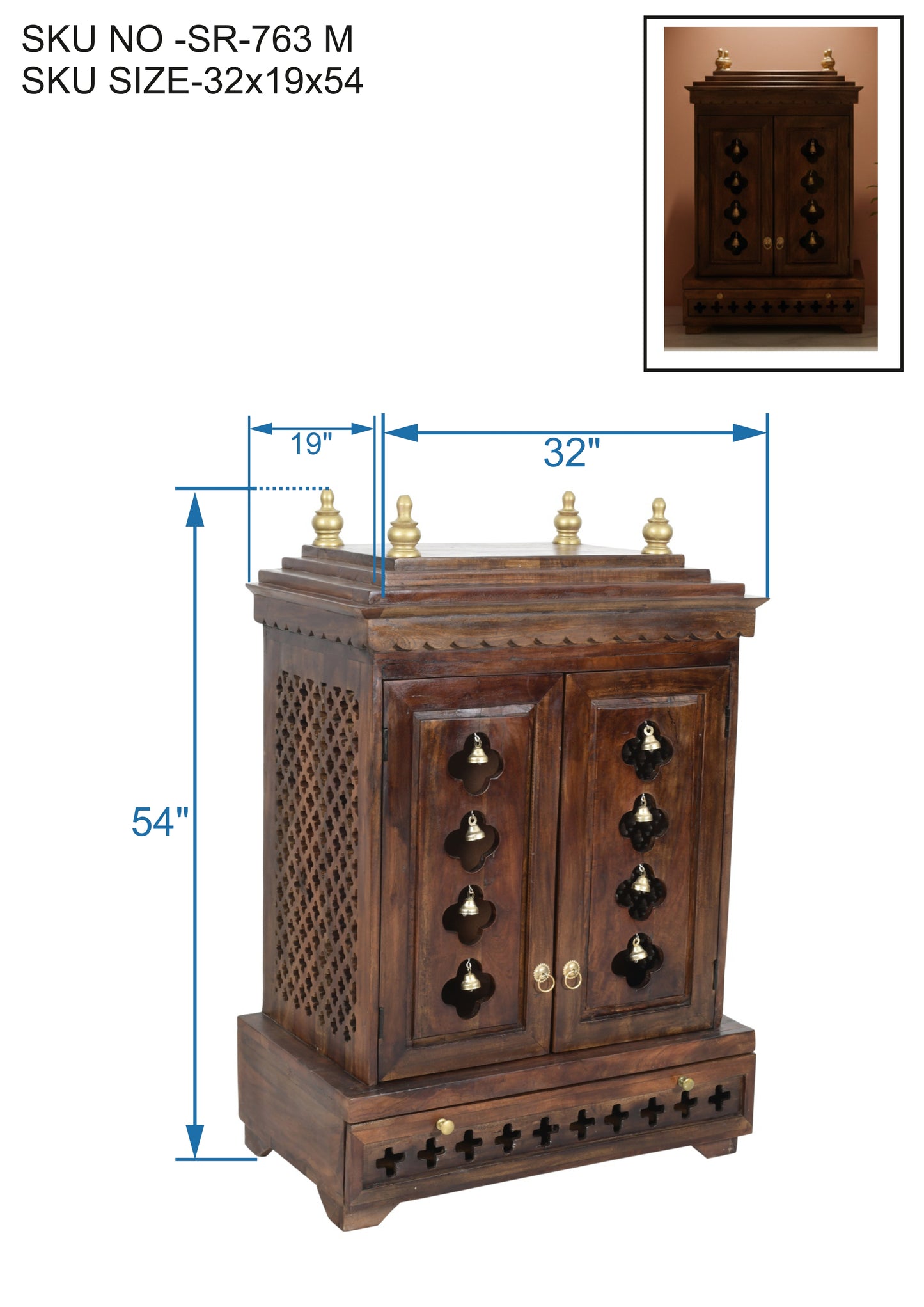 Handcrafted Mandir with Doors & Bells (SR763) – Traditional Cabinet Style Home Temple