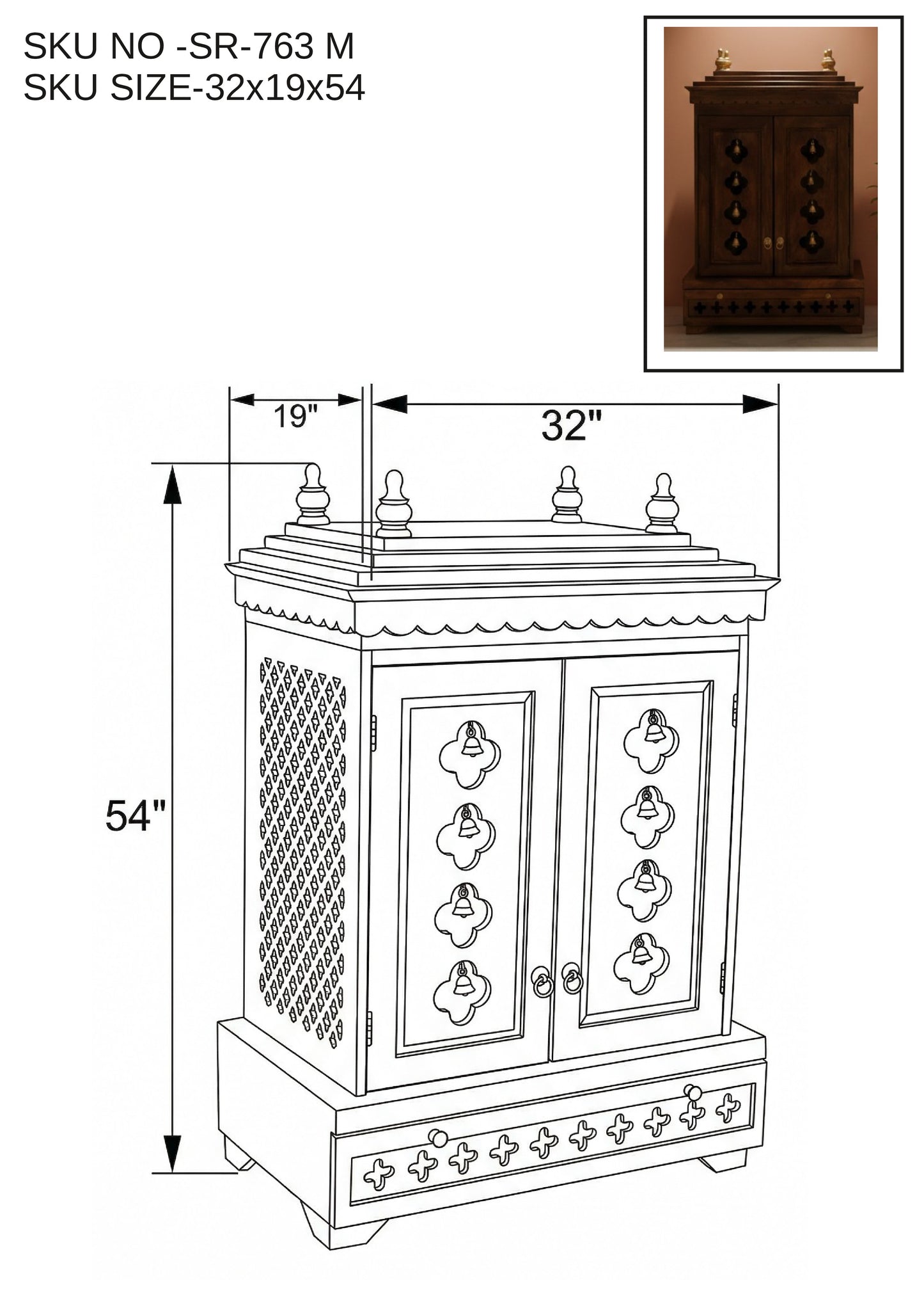 Handcrafted Mandir with Doors & Bells (SR763) – Traditional Cabinet Style Home Temple
