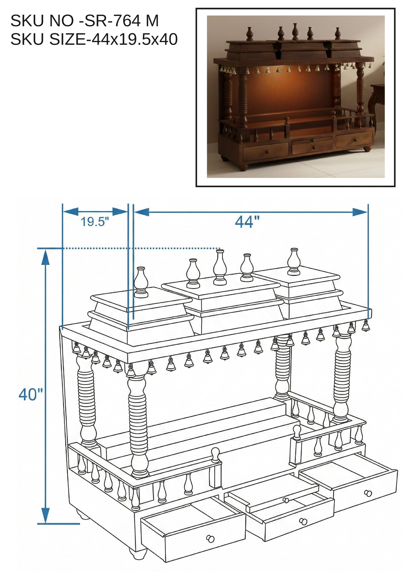 Wide Handcrafted Solid Wood Mandir with 3 Drawers & Bells (SR764) – Broad Home Temple
