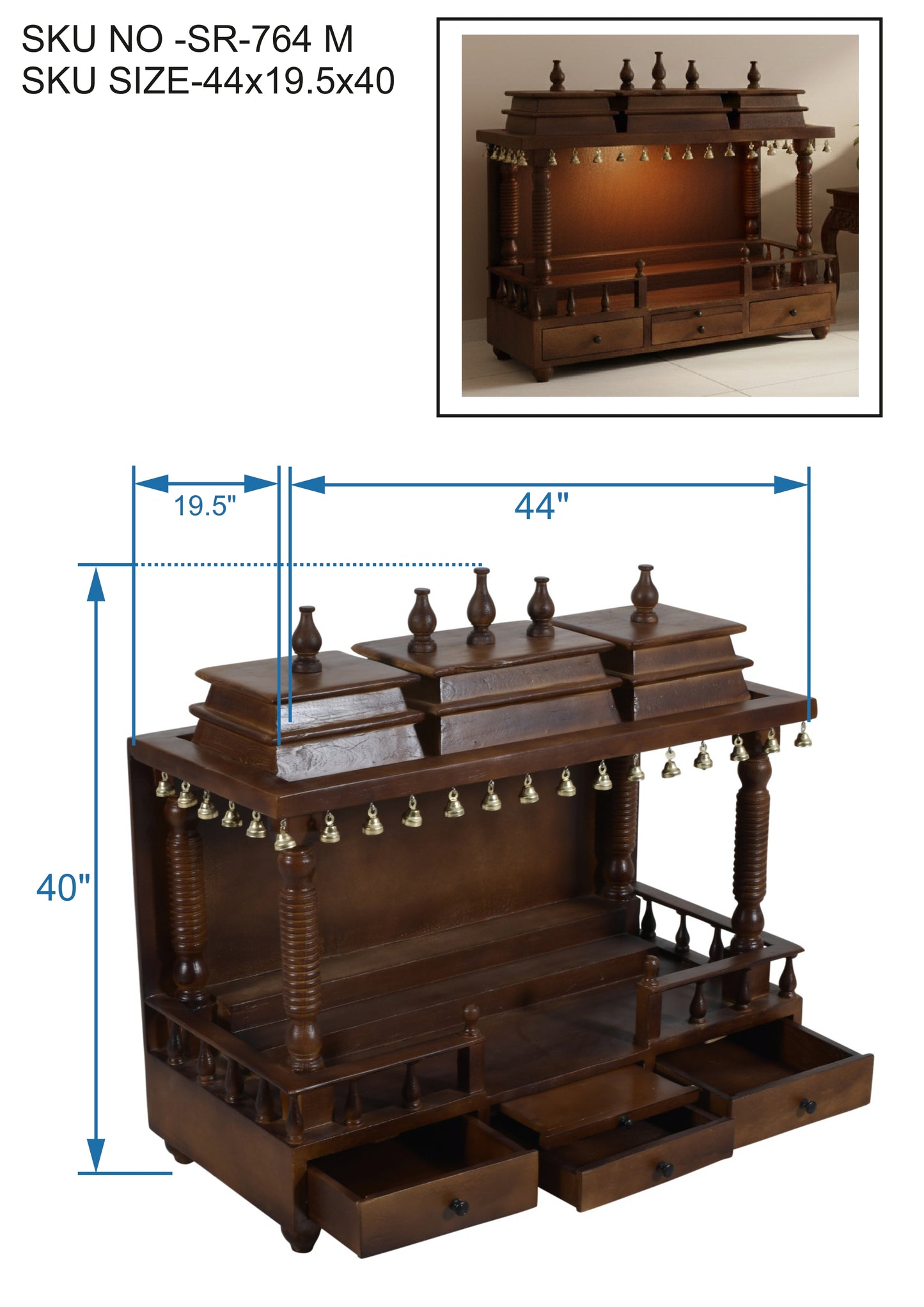 Wide Handcrafted Solid Wood Mandir with 3 Drawers & Bells (SR764) – Broad Home Temple