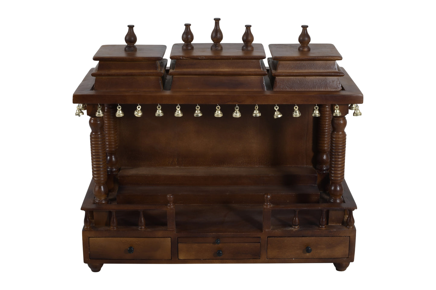 Wide Handcrafted Solid Wood Mandir with 3 Drawers & Bells (SR764) – Broad Home Temple