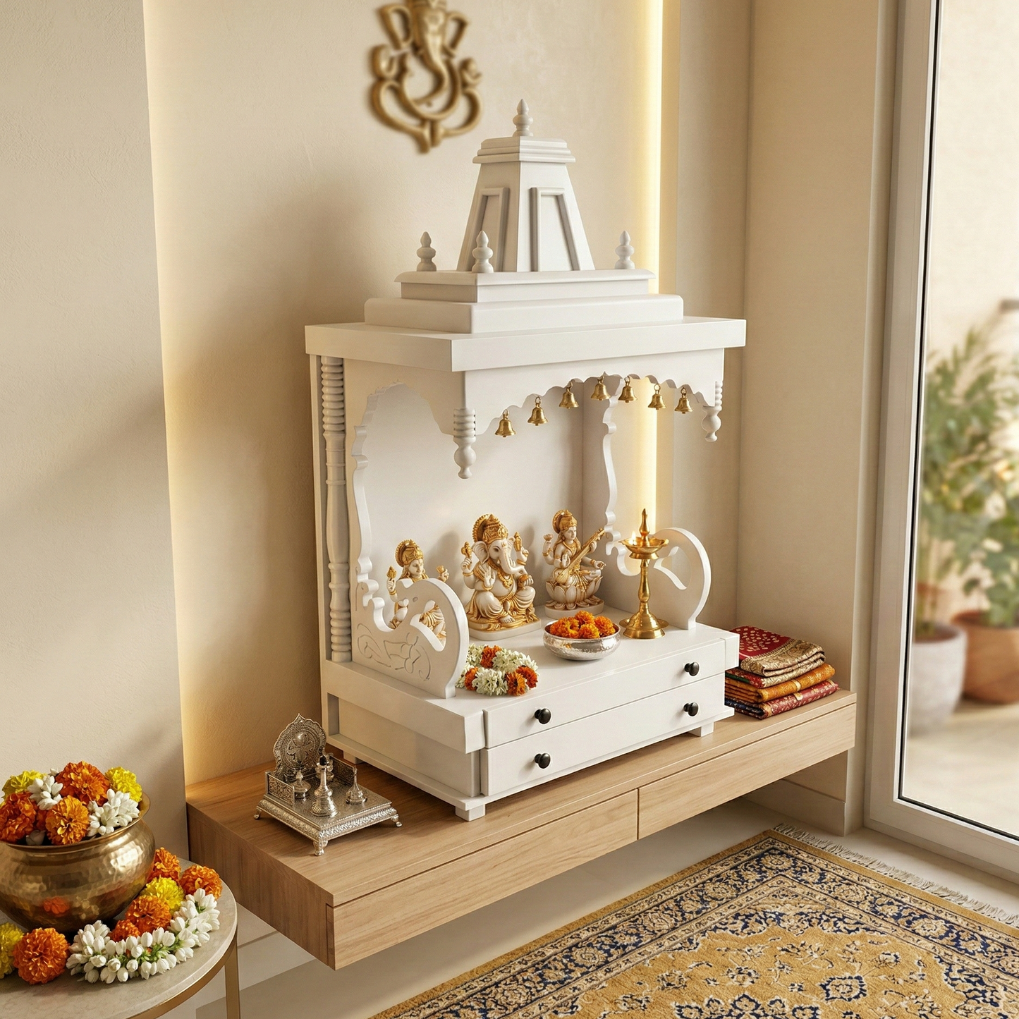White Solid Wood Mandir (SR765) – Minimalist Home Temple