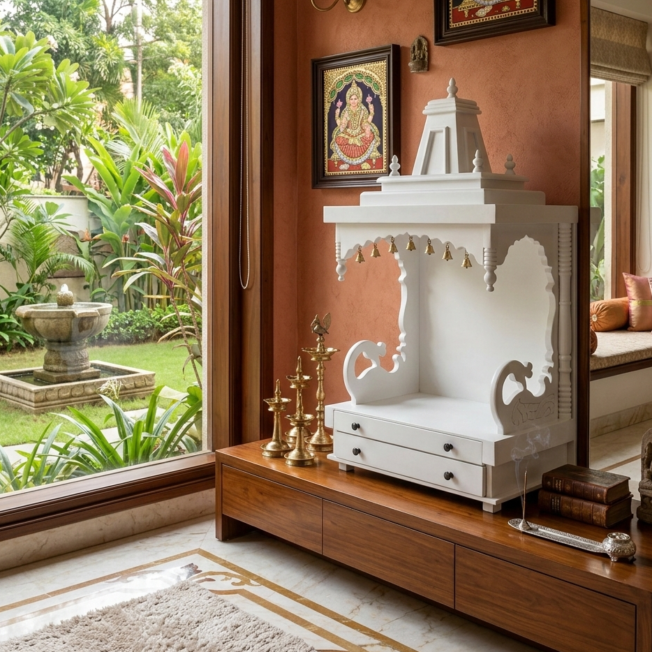 White Solid Wood Mandir (SR765) – Minimalist Home Temple