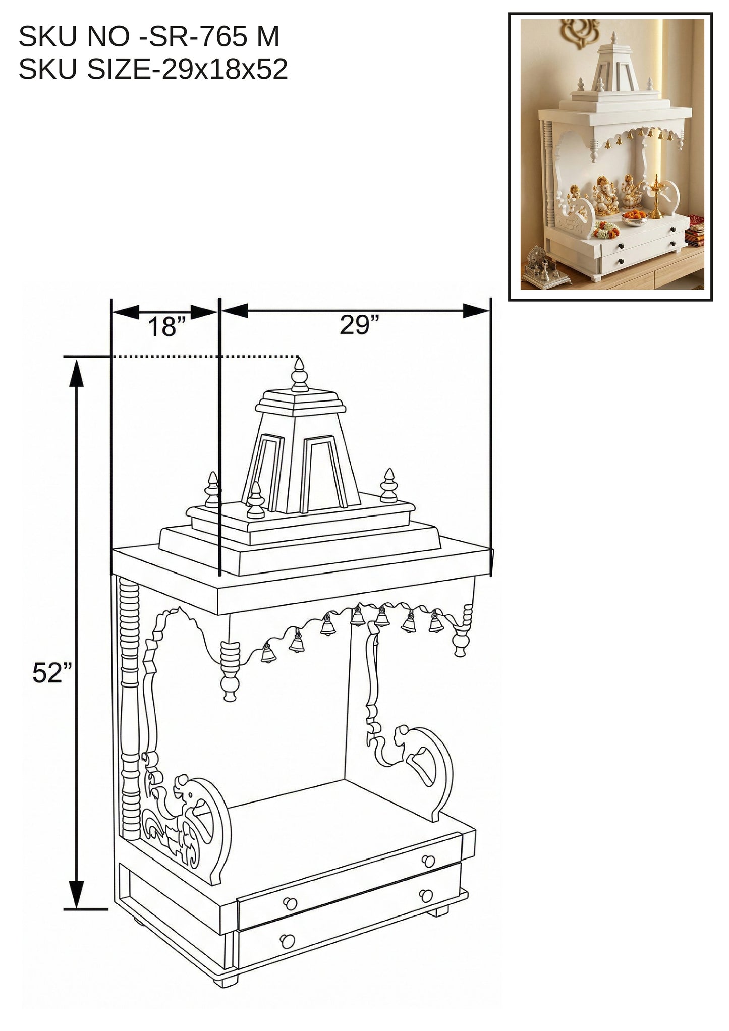 White Solid Wood Mandir (SR765) – Minimalist Home Temple