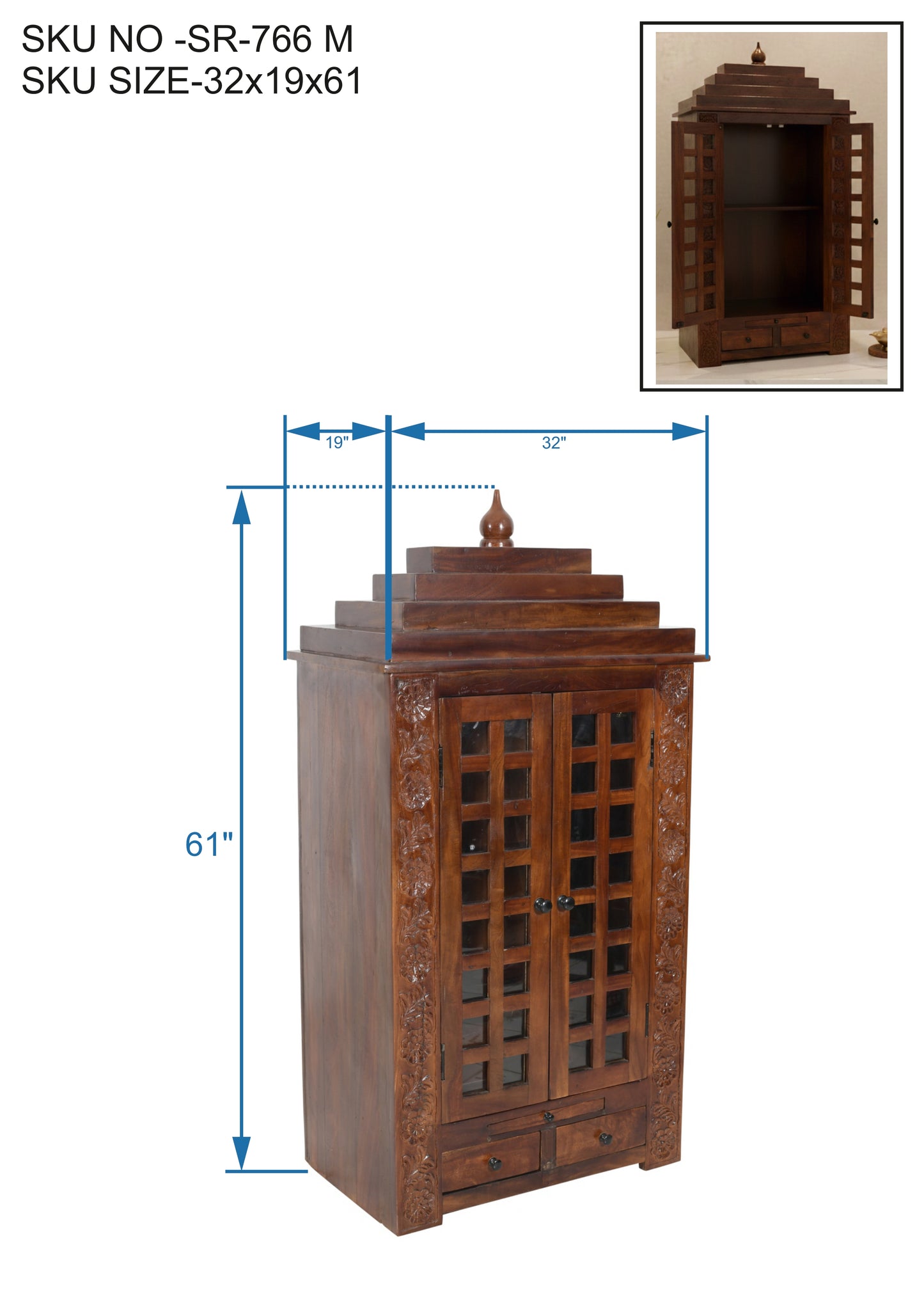 Handcrafted Solid Wood Mandir with Jali Doors & Storage (SR766) – Enclosed Home Temple