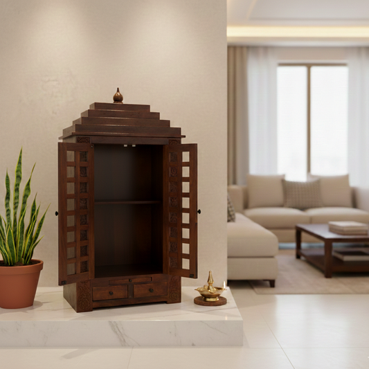 Handcrafted Solid Wood Mandir with Jali Doors & Storage (SR766) – Enclosed Home Temple