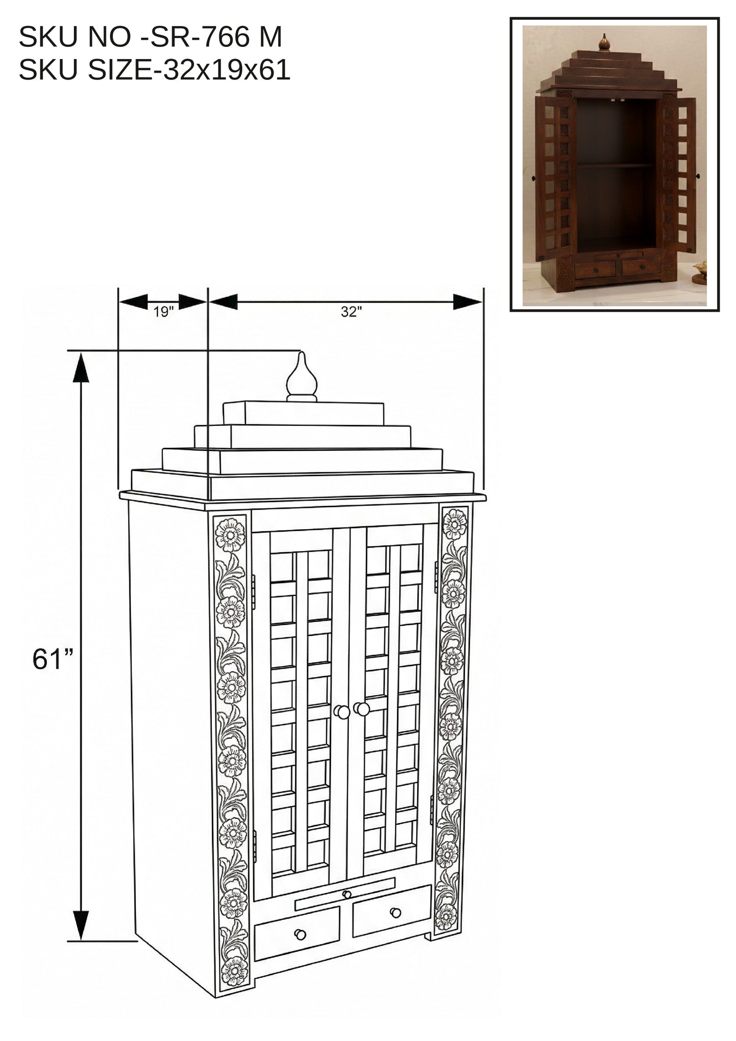 Handcrafted Solid Wood Mandir with Jali Doors & Storage (SR766) – Enclosed Home Temple
