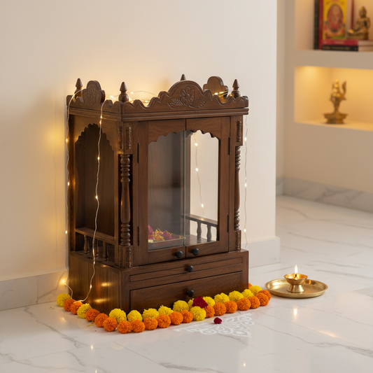 Closed Front Glass Door Wooden Mandir (SR768) – Solid Wood Temple