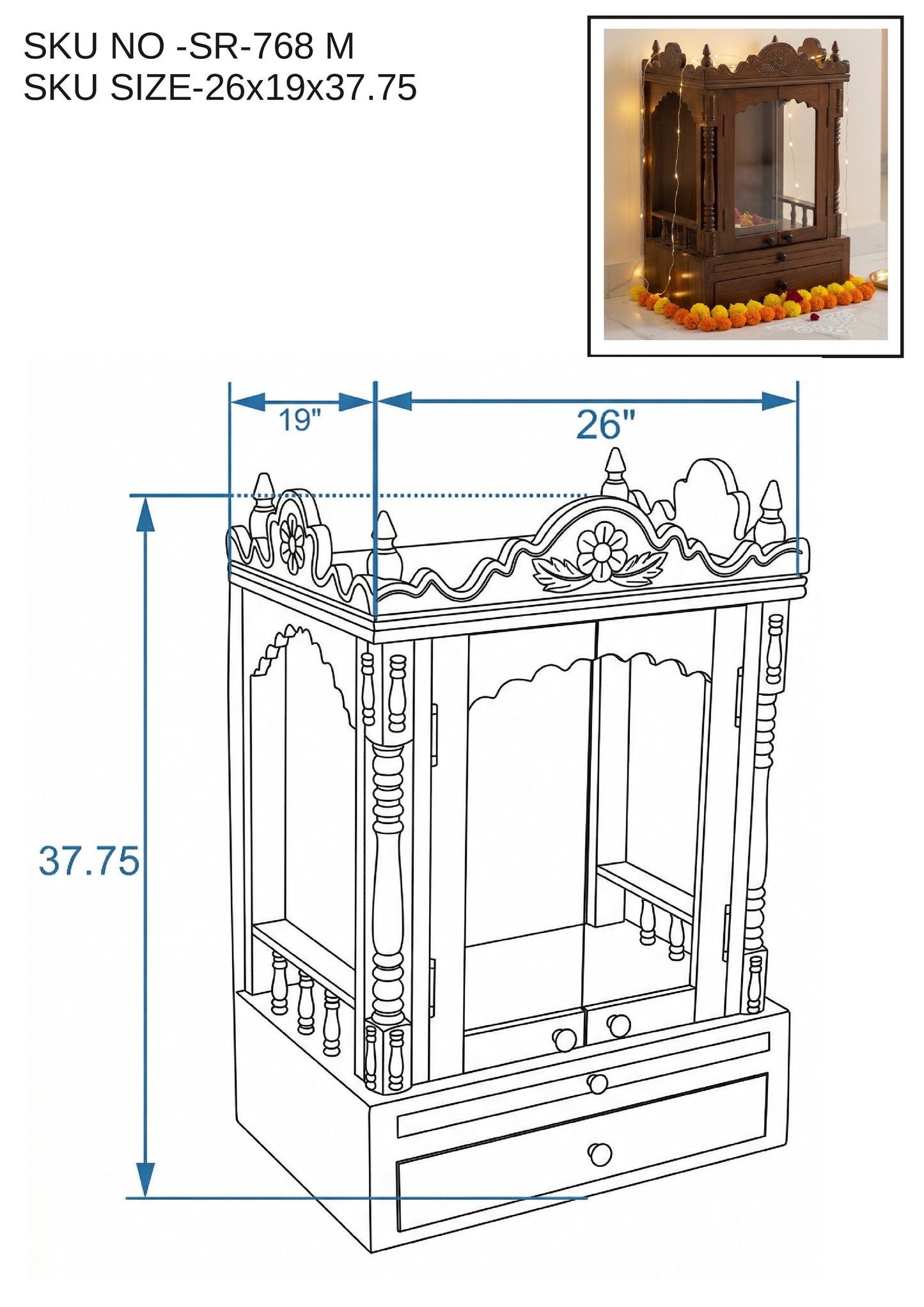 Closed Front Glass Door Wooden Mandir (SR768) – Solid Wood Temple