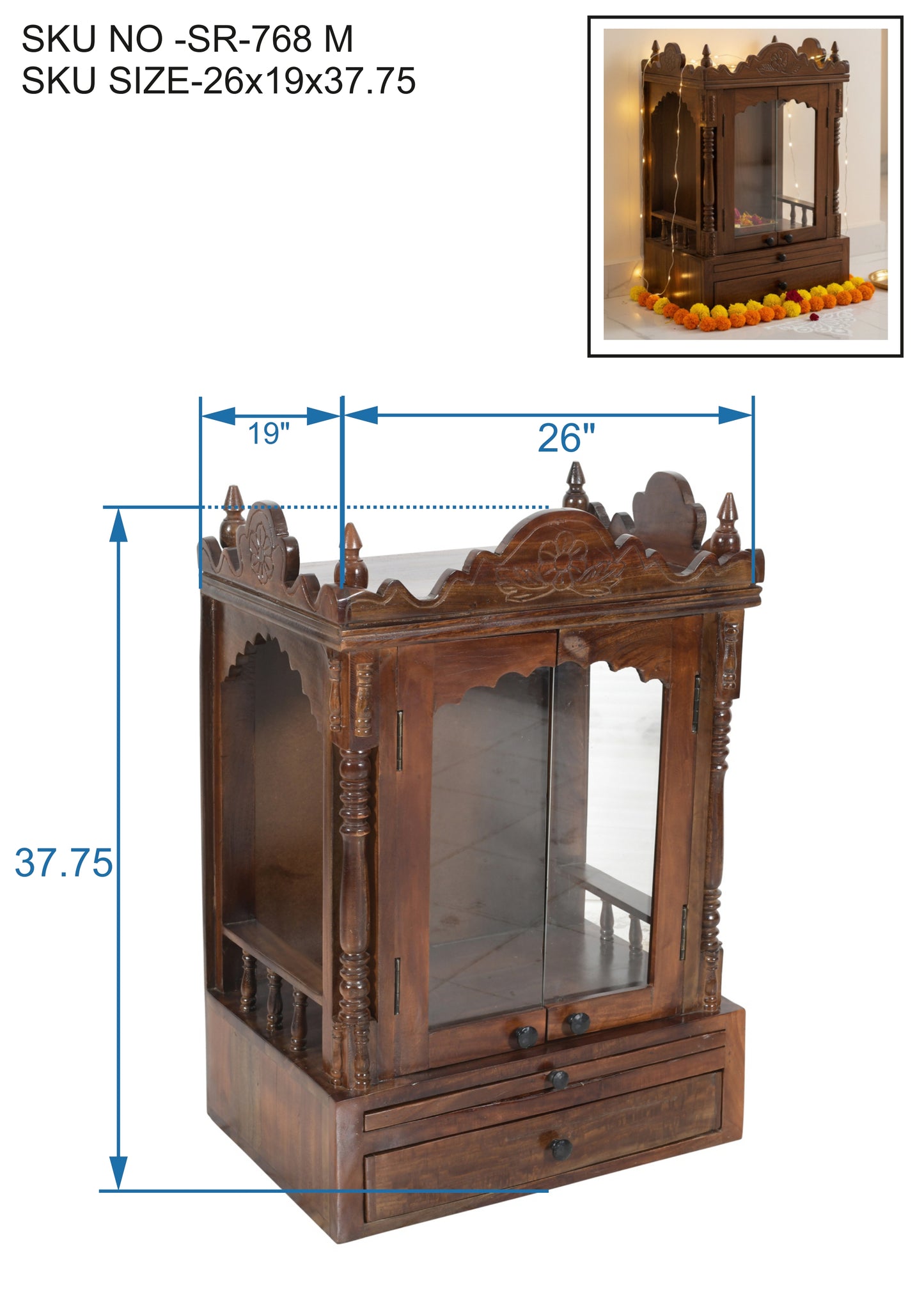 Closed Front Glass Door Wooden Mandir (SR768) – Solid Wood Temple