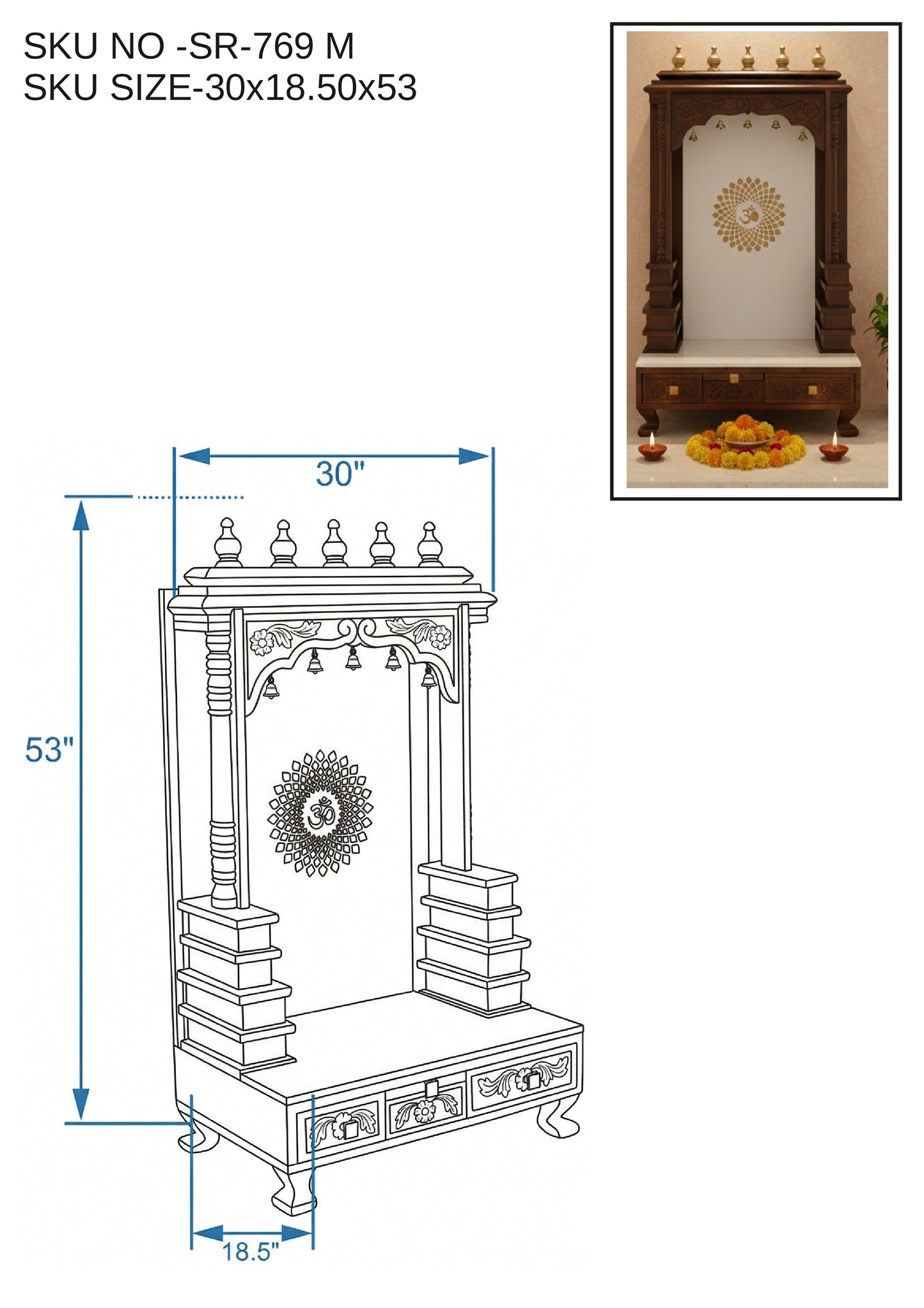 Elegant Wooden Mandir in Solid Wood (SR769) – Home Temple