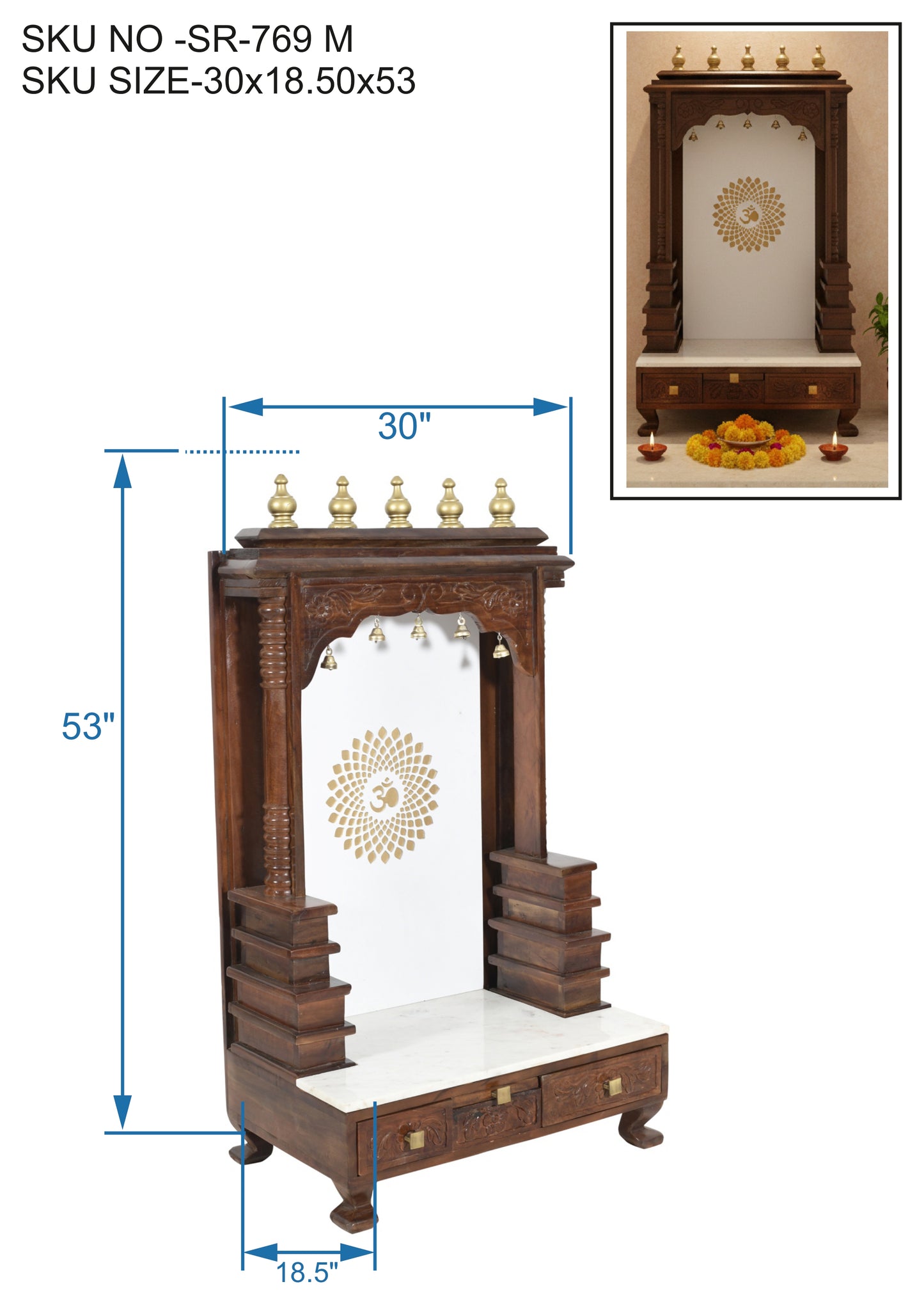 Elegant Wooden Mandir in Solid Wood (SR769) – Home Temple
