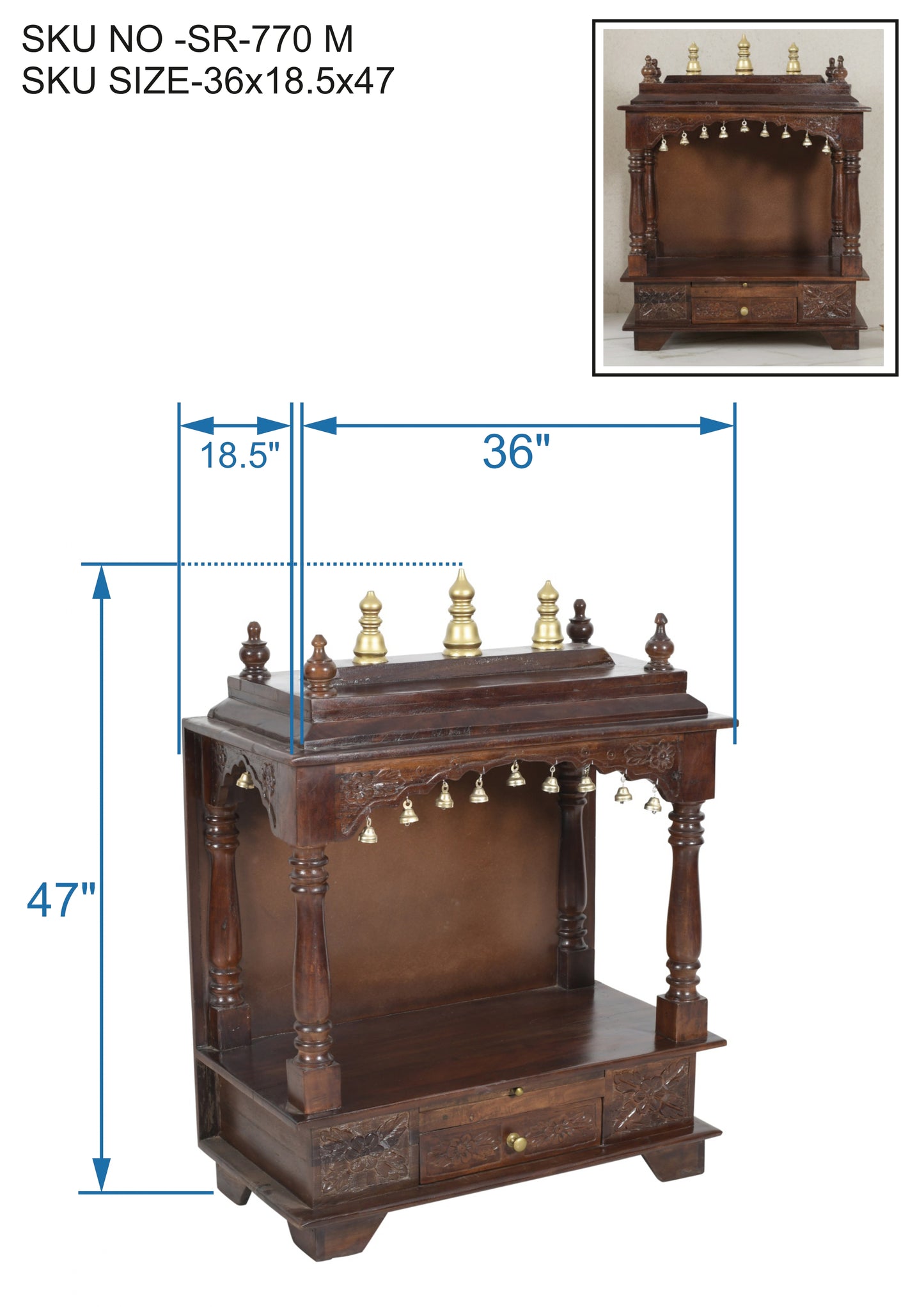 Compact Solid Wood Mandir (SR770) – Space-Saving Home Temple