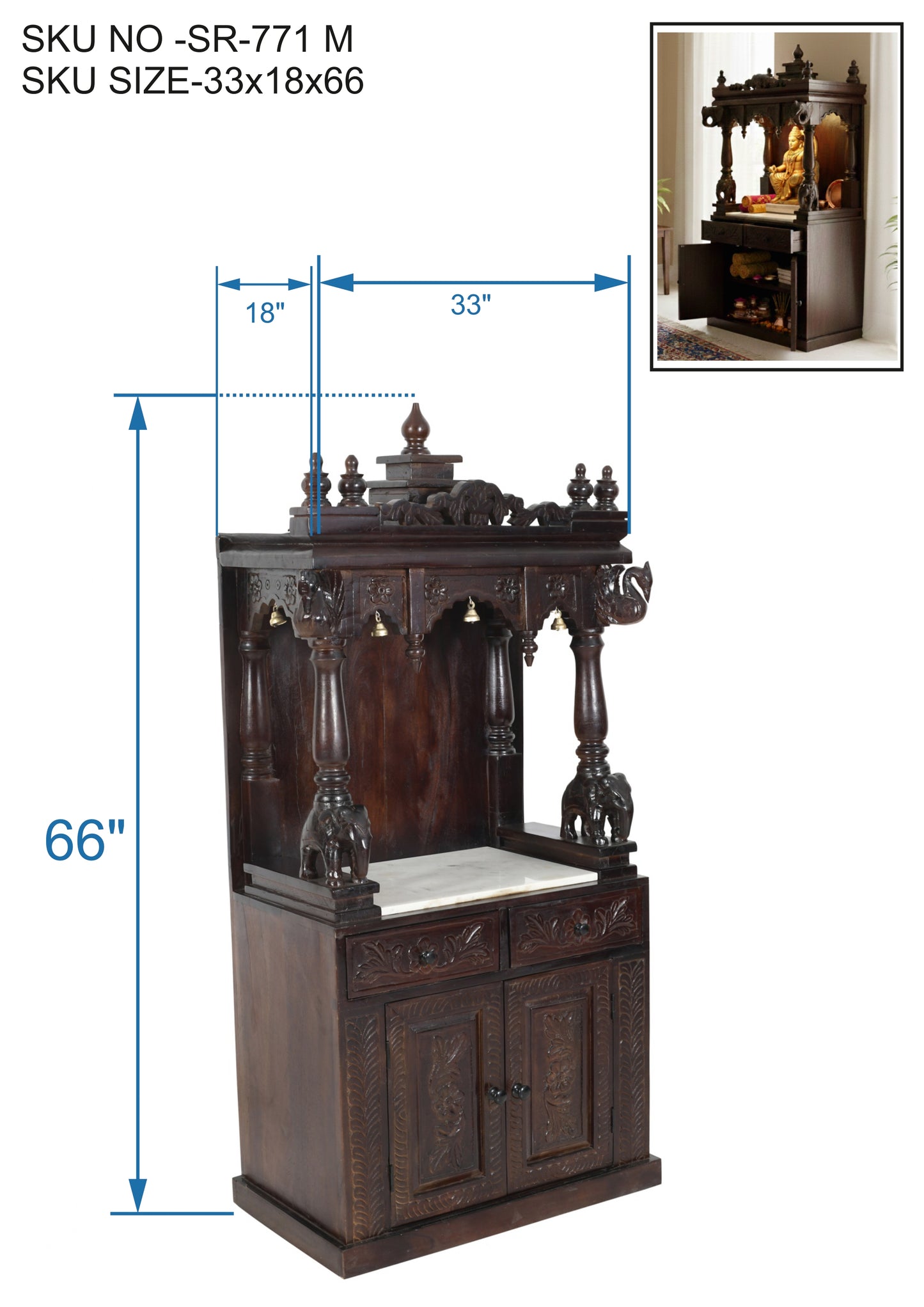 Large Hand-Carved Mandir with Marble Base & Storage (SR771) – Premium Home Temple