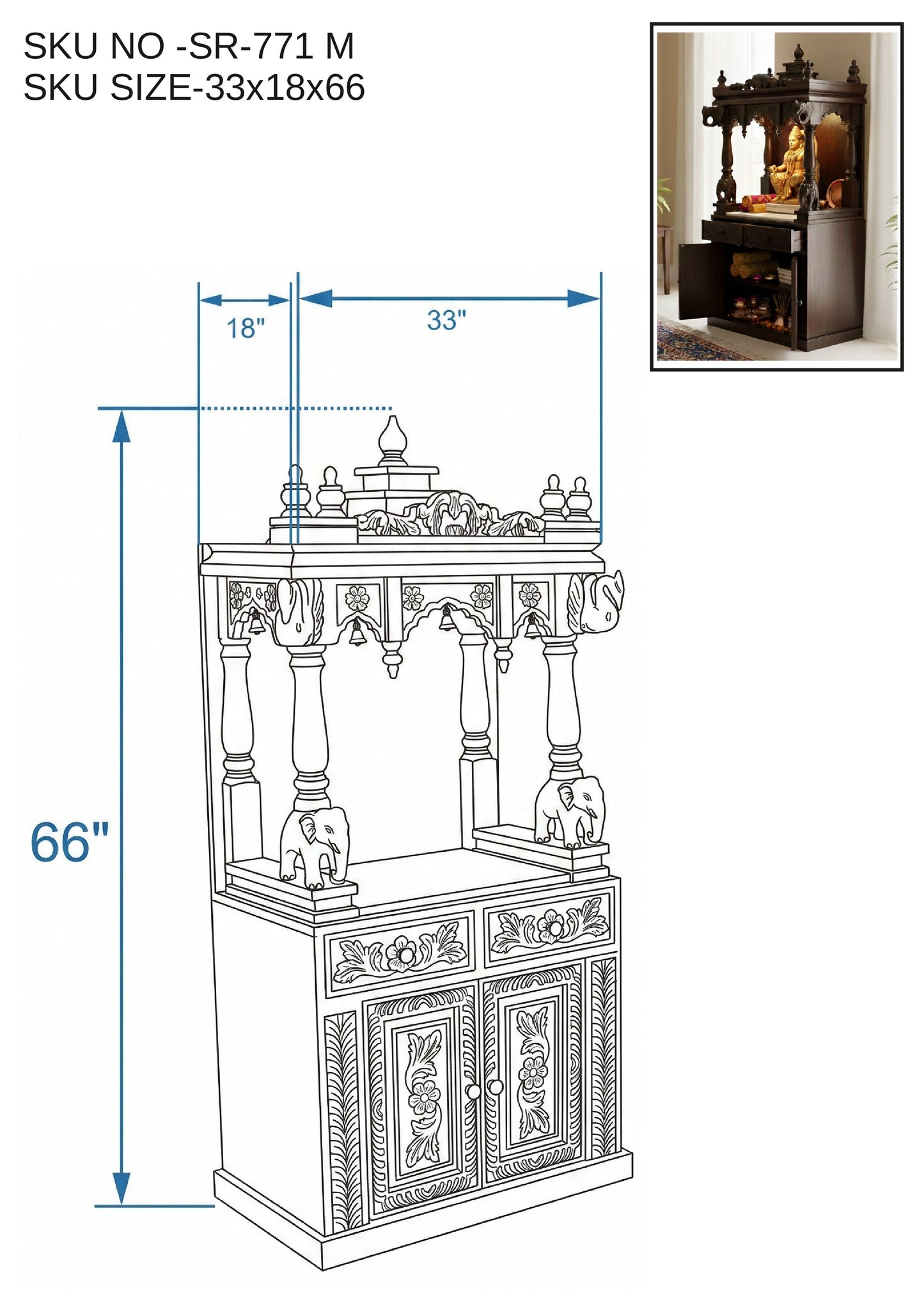 Large Hand-Carved Mandir with Marble Base & Storage (SR771) – Premium Home Temple