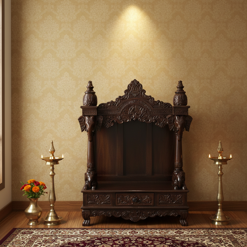 Hand-Carved Solid Wood Mandir (SR772) – Traditional Wooden Temple