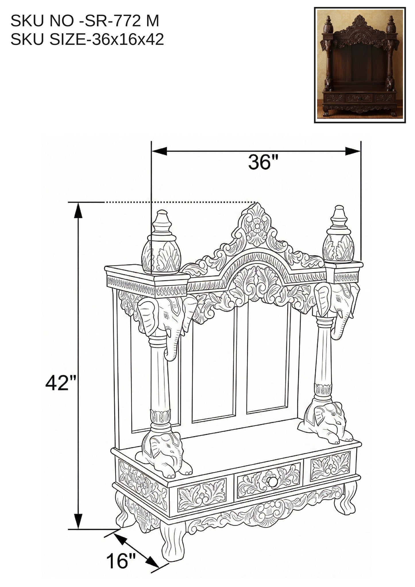 Hand-Carved Solid Wood Mandir (SR772) – Traditional Wooden Temple