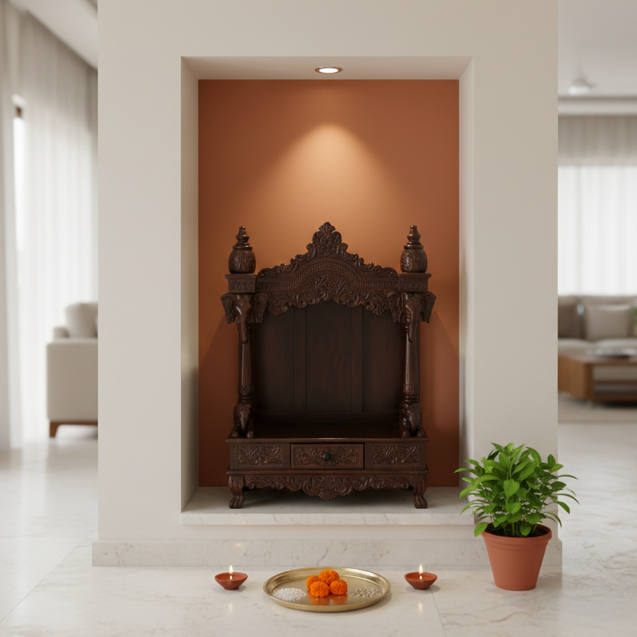 Hand-Carved Solid Wood Mandir (SR772) – Traditional Wooden Temple