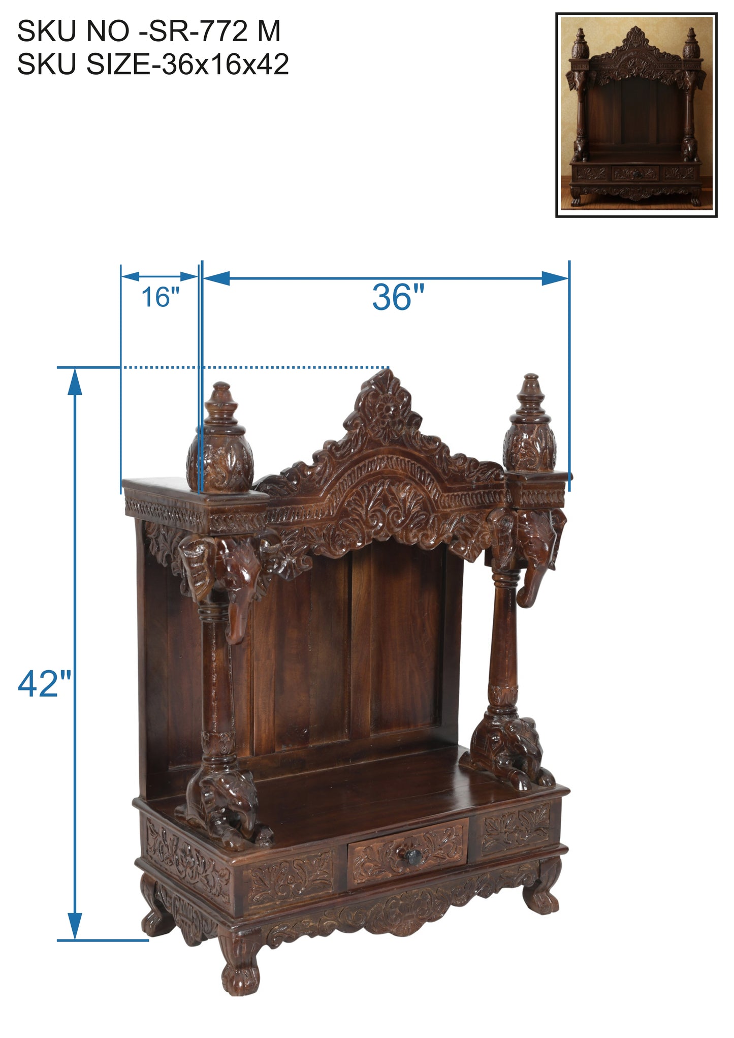 Hand-Carved Solid Wood Mandir (SR772) – Traditional Wooden Temple
