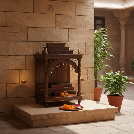 Hand-Carved Solid Wood Mandir with Arch & Bells (SR773) – Traditional Open Home Temple