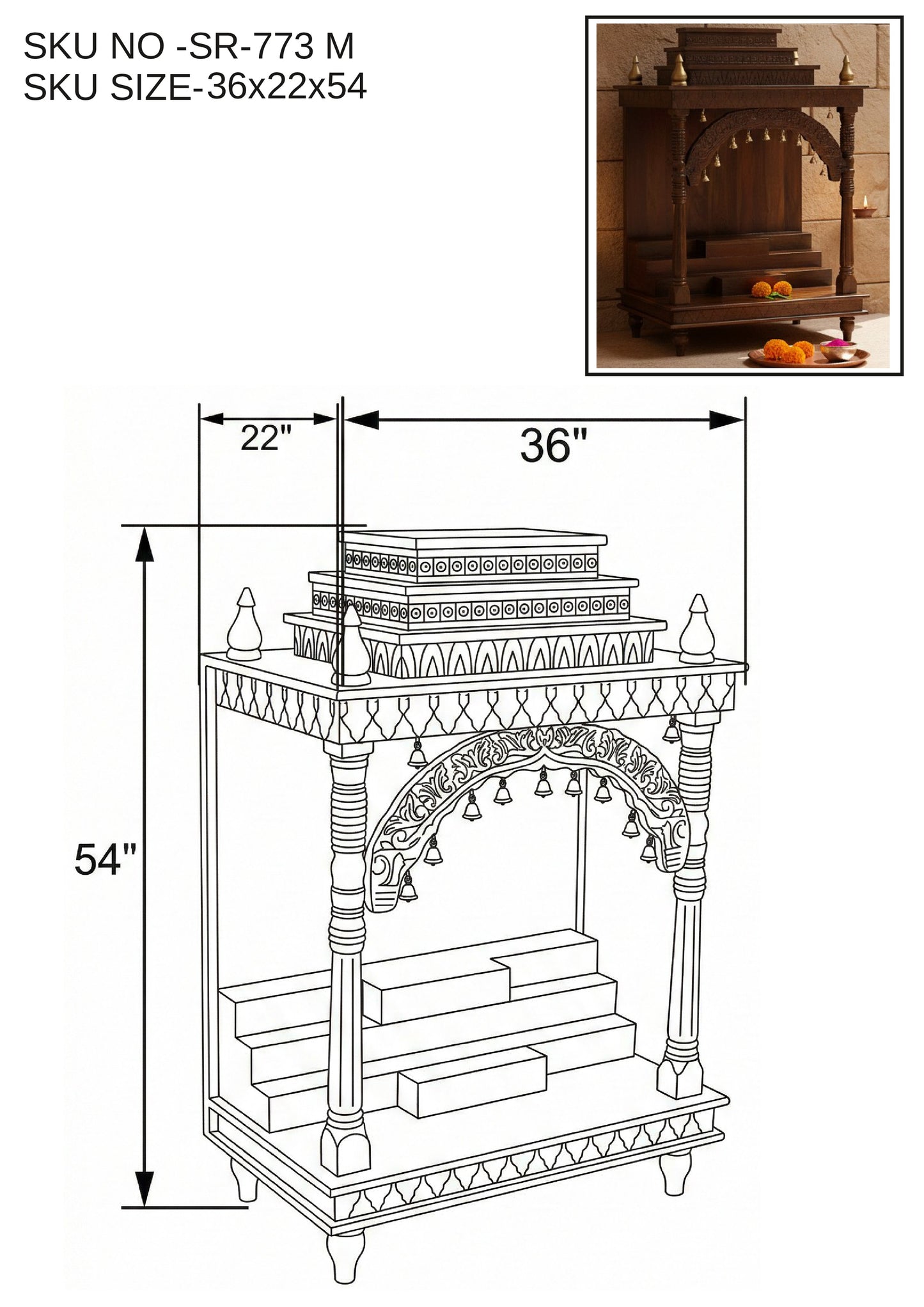 Hand-Carved Solid Wood Mandir with Arch & Bells (SR773) – Traditional Open Home Temple