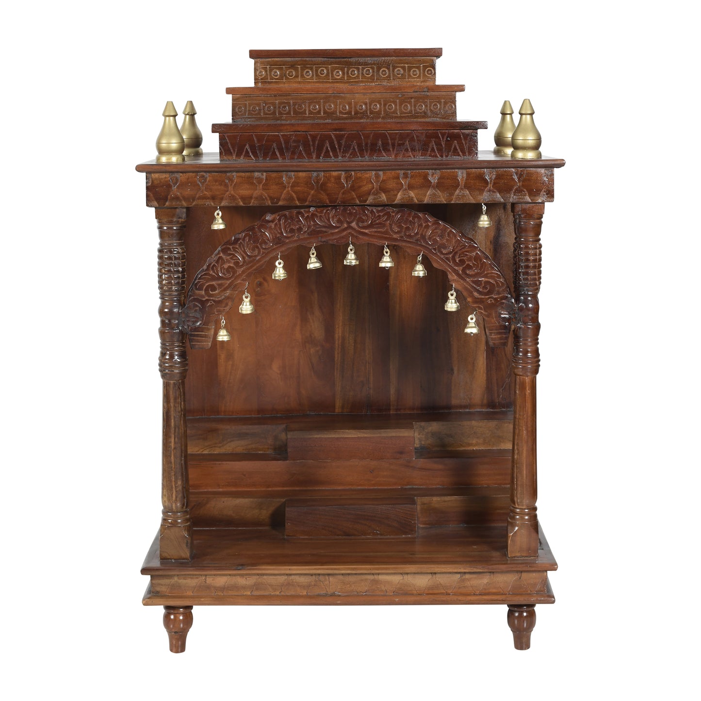 Hand-Carved Solid Wood Mandir with Arch & Bells (SR773) – Traditional Open Home Temple