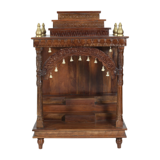 Hand-Carved Solid Wood Mandir with Arch & Bells (SR773) – Traditional Open Home Temple
