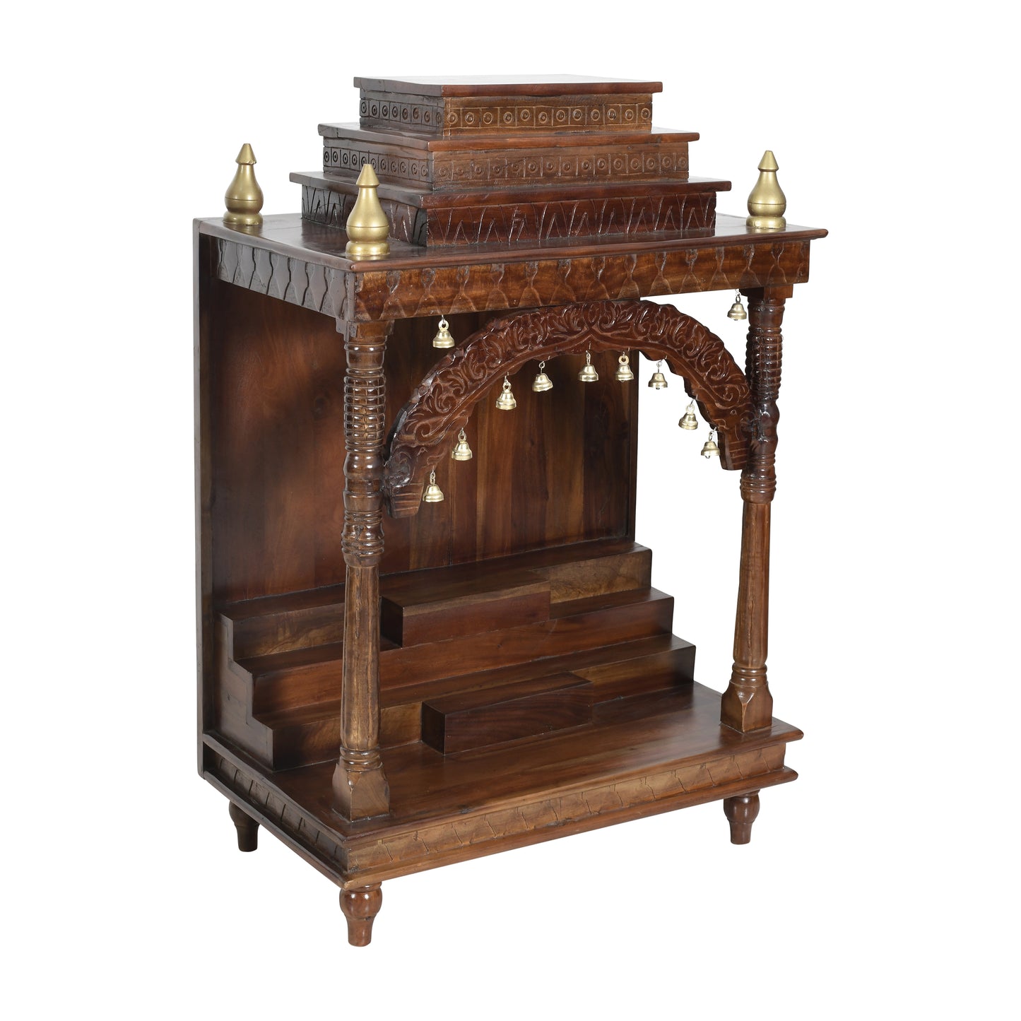 Hand-Carved Solid Wood Mandir with Arch & Bells (SR773) – Traditional Open Home Temple