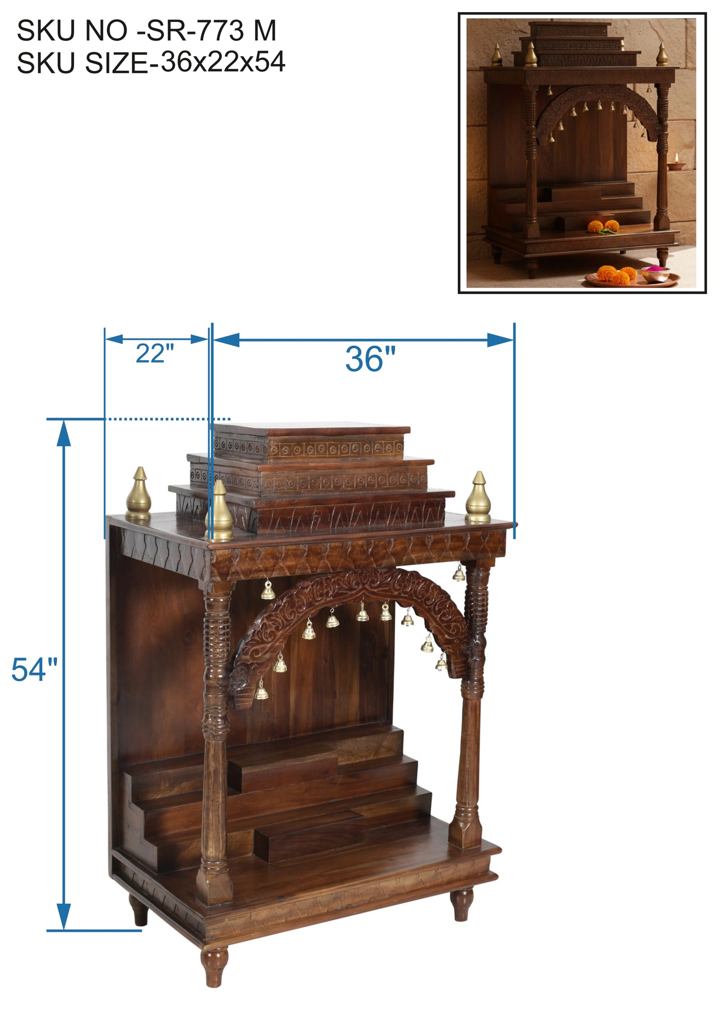 Hand-Carved Solid Wood Mandir with Arch & Bells (SR773) – Traditional Open Home Temple