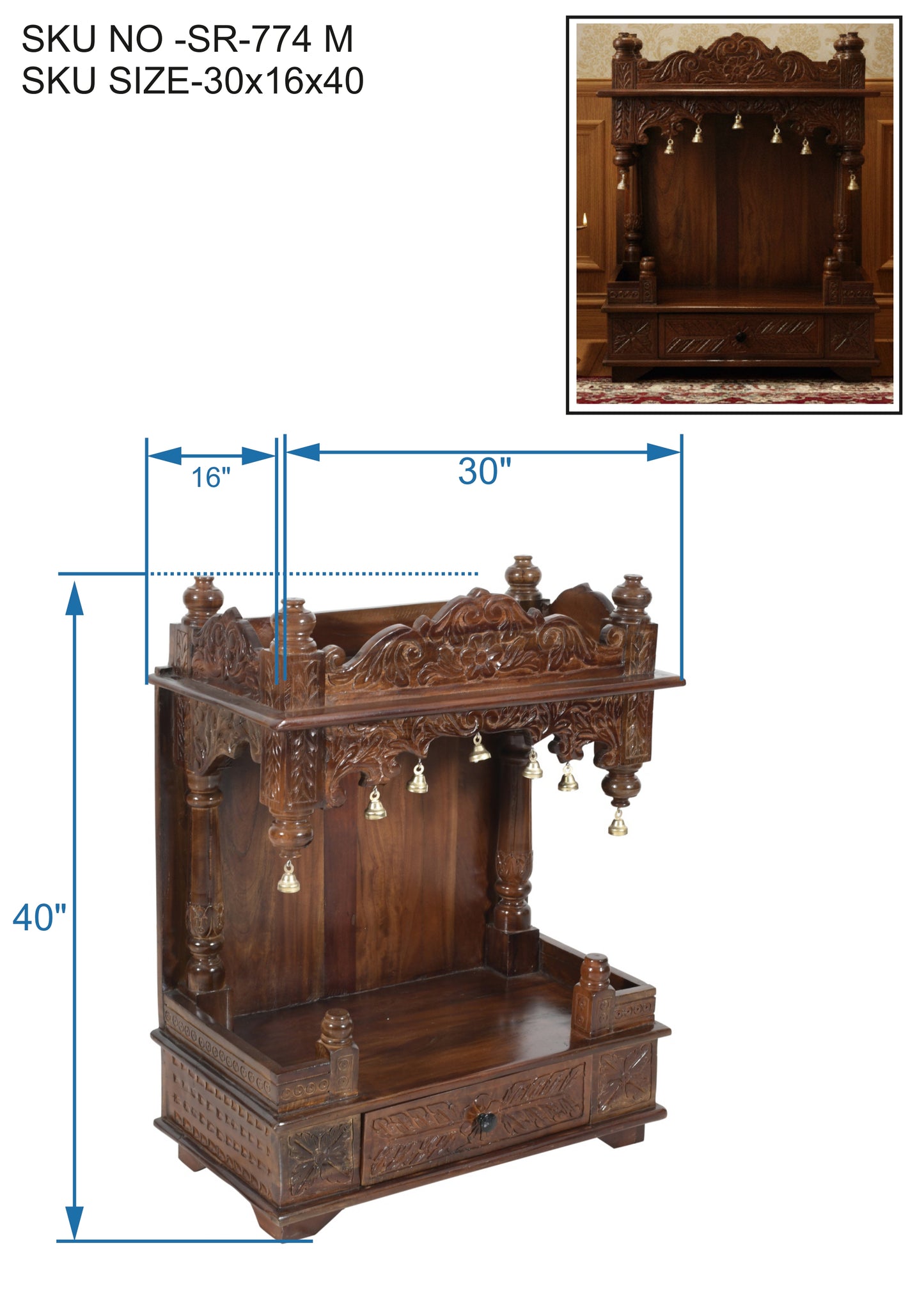 Handcrafted Wooden Mandir (SR774) – Solid Wood Home Temple