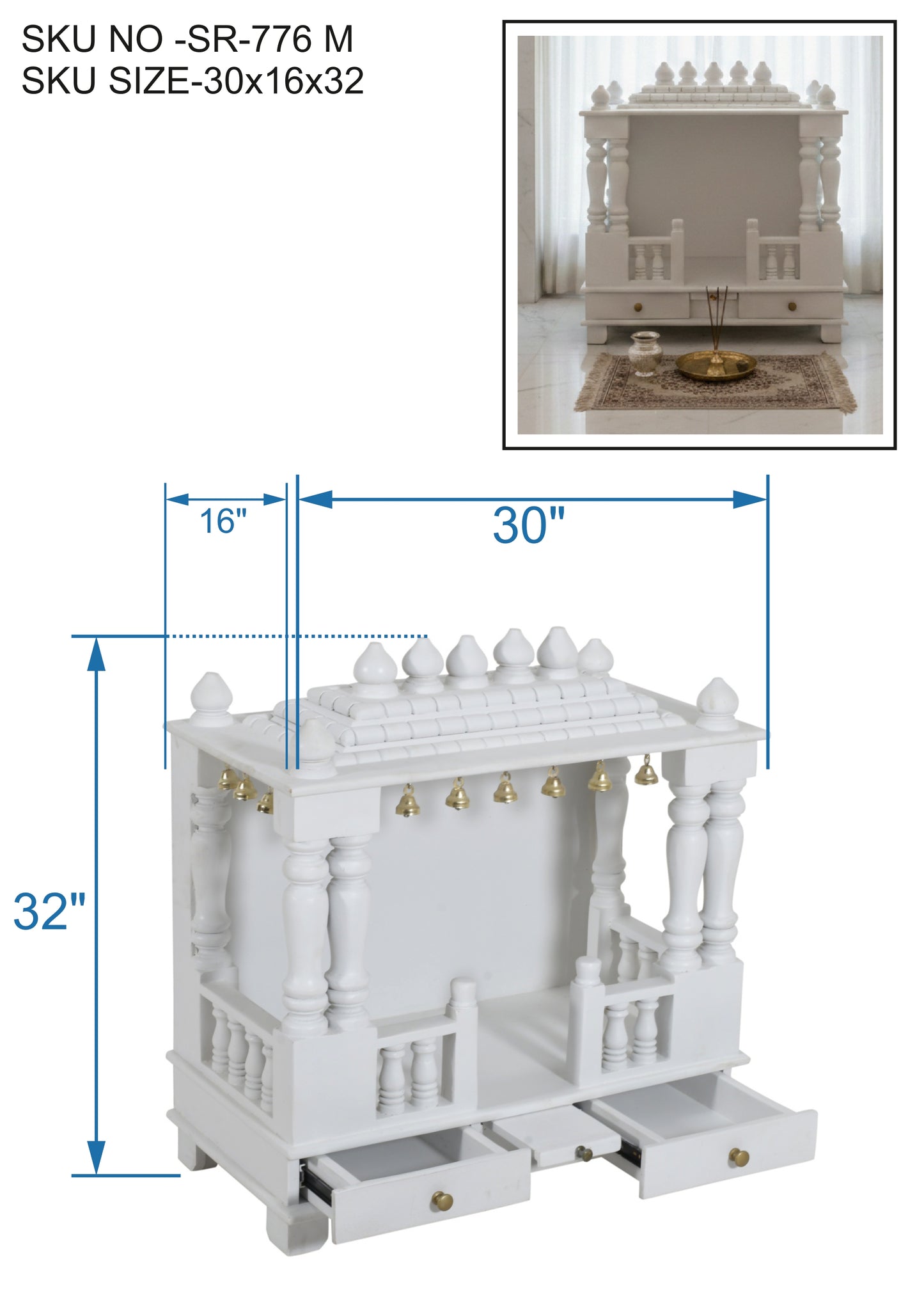 White Traditional Solid Wood Mandir (SR776) – Handcrafted Wooden Temple