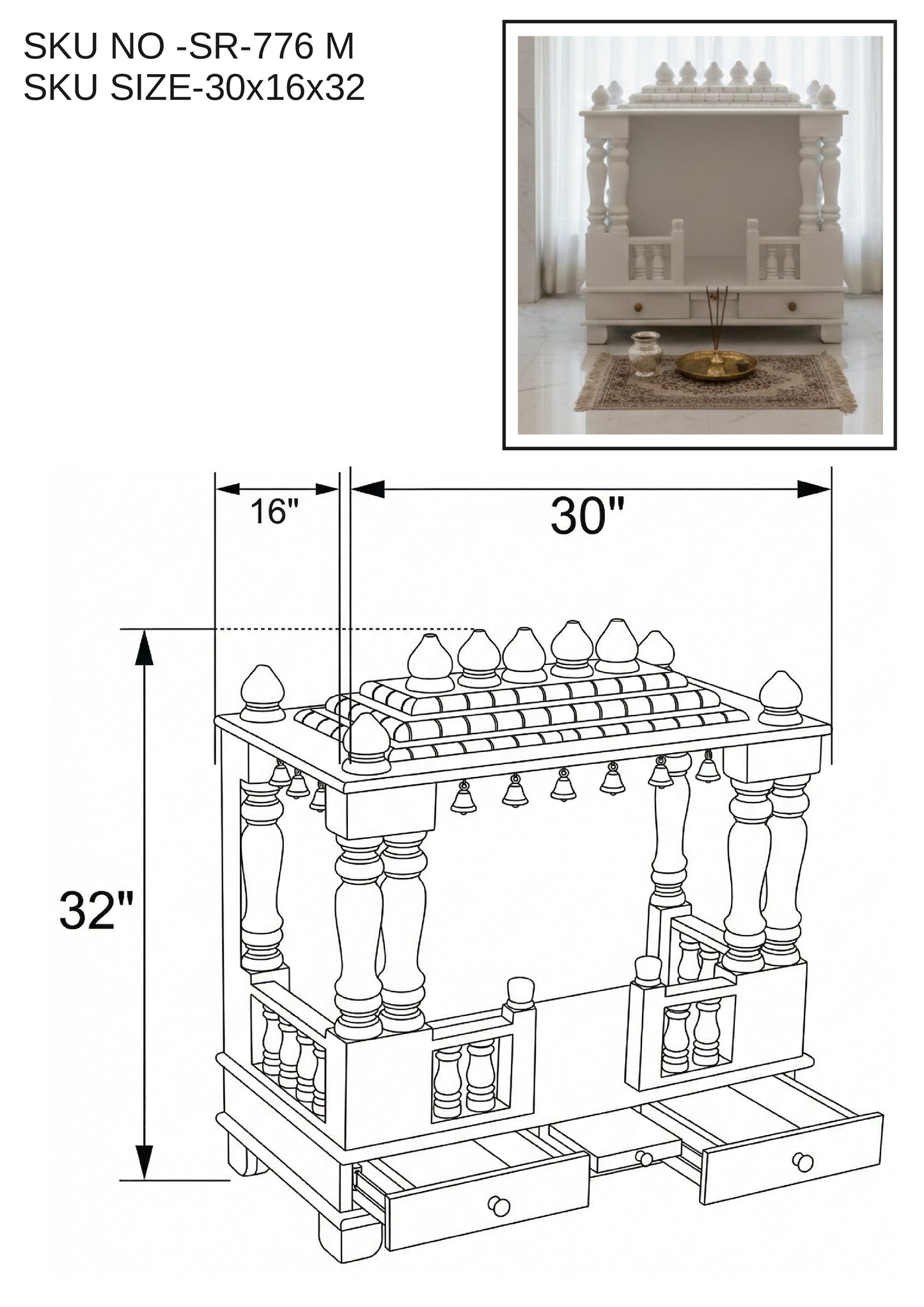 White Traditional Solid Wood Mandir (SR776) – Handcrafted Wooden Temple