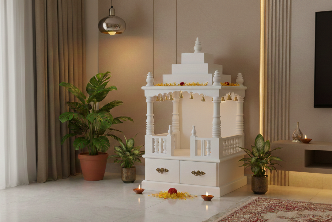 White Handcrafted Solid Wood Mandir (SR777) – Elegant Home Temple for Daily Puja