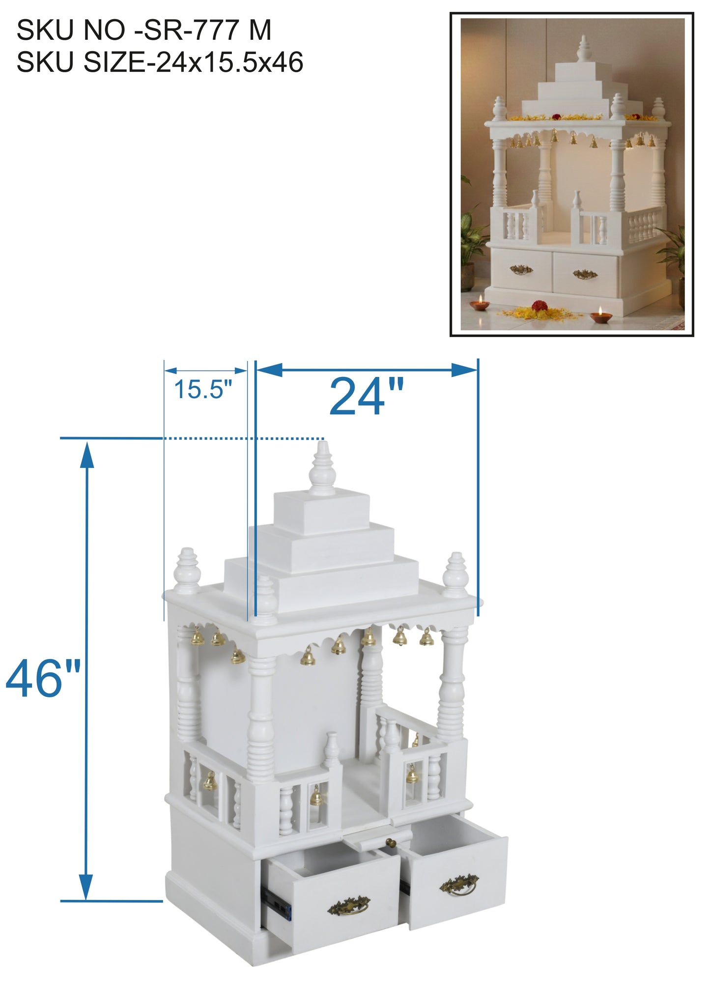 White Handcrafted Solid Wood Mandir (SR777) – Elegant Home Temple for Daily Puja