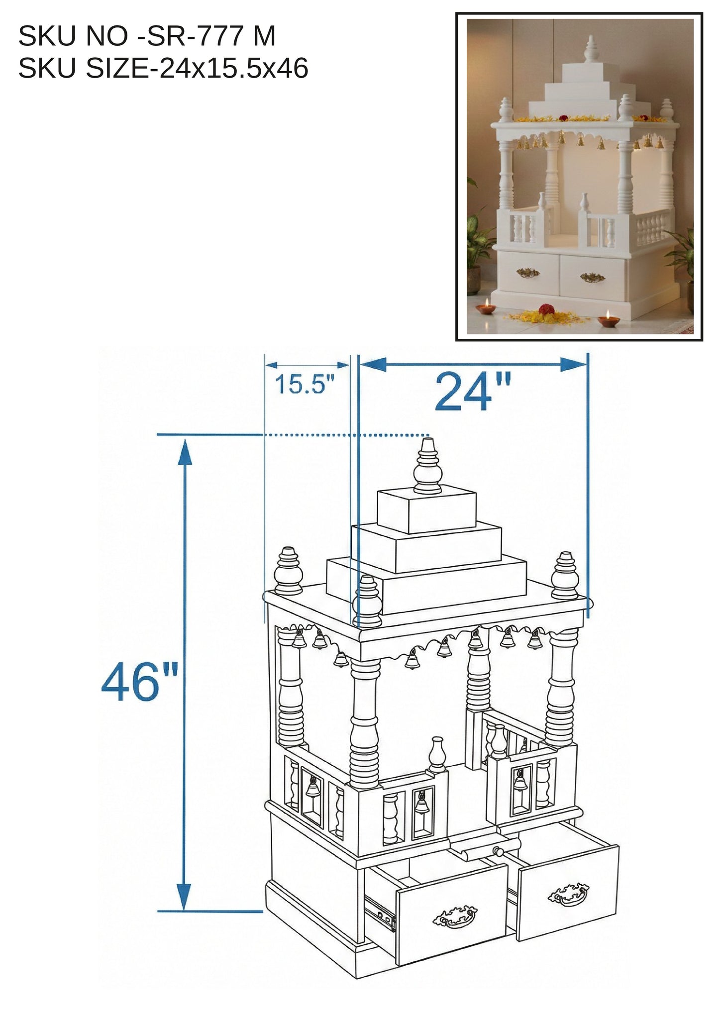 White Handcrafted Solid Wood Mandir (SR777) – Elegant Home Temple for Daily Puja