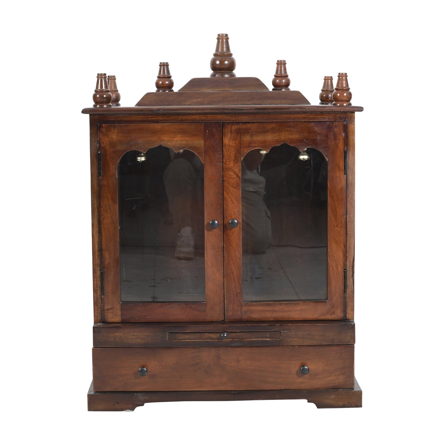 Glass Door Solid Wood Mandir (SR781) – Brown Finish Home Temple