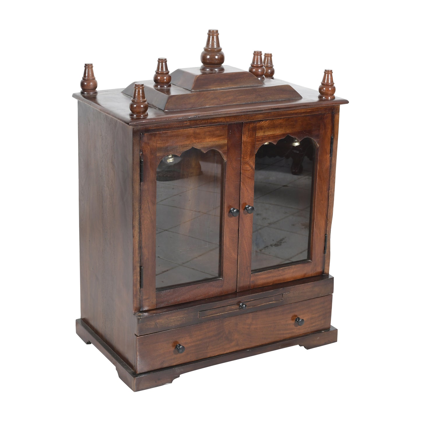 Glass Door Solid Wood Mandir (SR781) – Brown Finish Home Temple