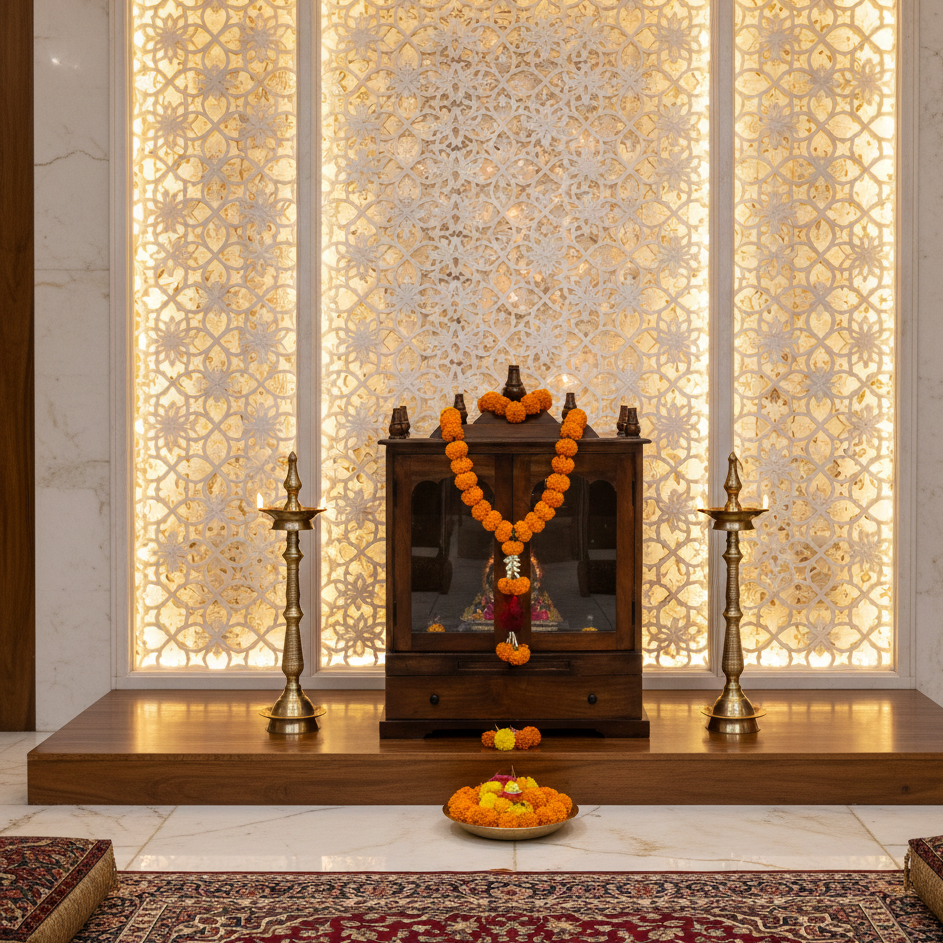 Glass Door Solid Wood Mandir (SR781) – Brown Finish Home Temple