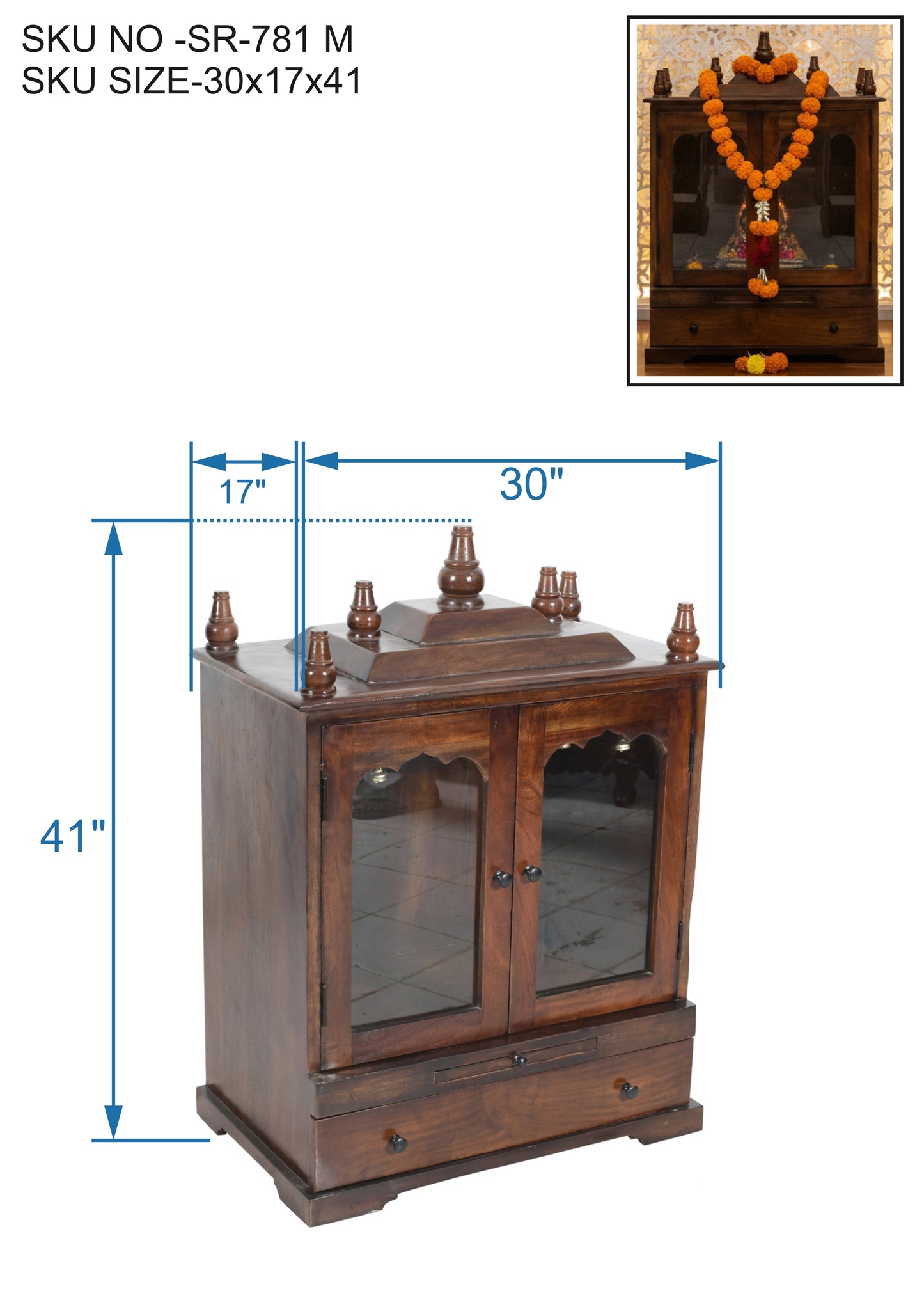 Glass Door Solid Wood Mandir (SR781) – Brown Finish Home Temple